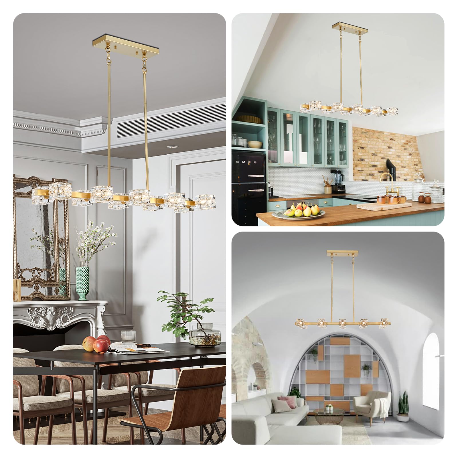 Xingqi 10-Light Gold Sputnik Chandelier Rectangular Dining Room Light Fixture Kitchen Island Pendant Metal Industrial Farmhouse
