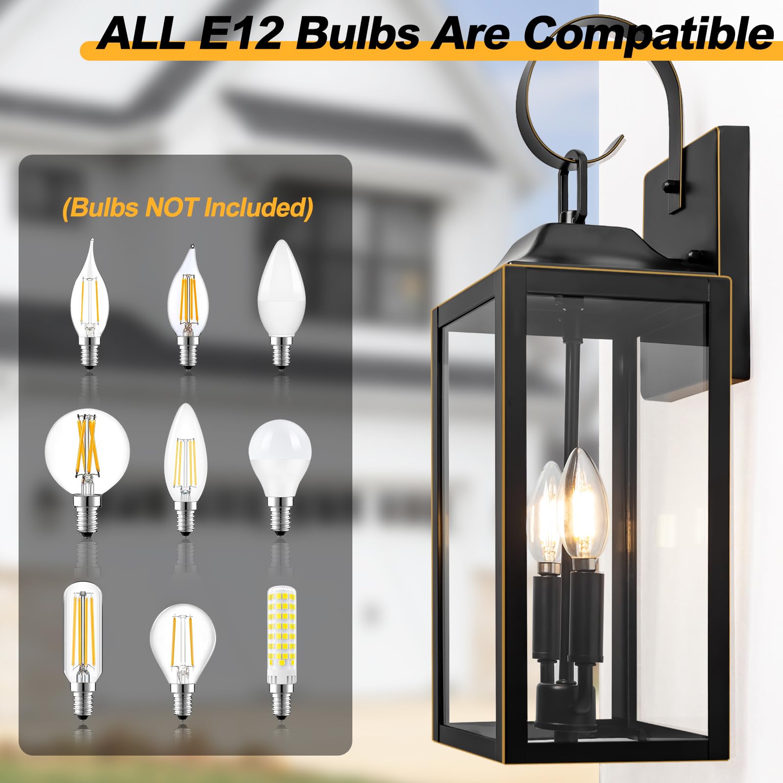 Yolsunes 19" Outdoor Wall Light - Black & Gold Trim, Modern 2-Light Sconce Lantern for Porch, Farmhouse Exterior Lighting