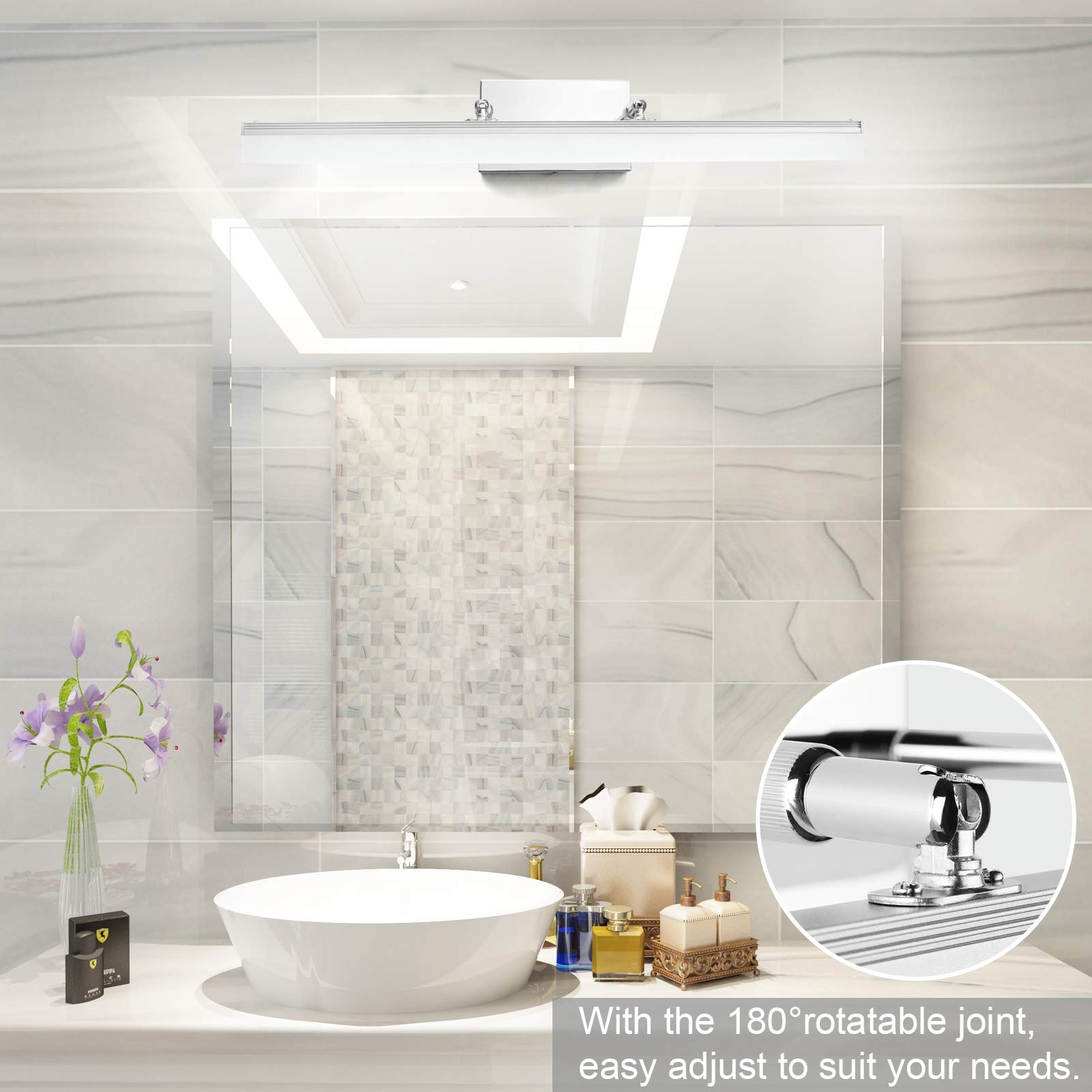 Aipsun 24" Modern LED Vanity Light Fixture, Chrome Stainless Steel, Model 6480, Adjustable Bathroom Lighting Over Mirror, 5500K