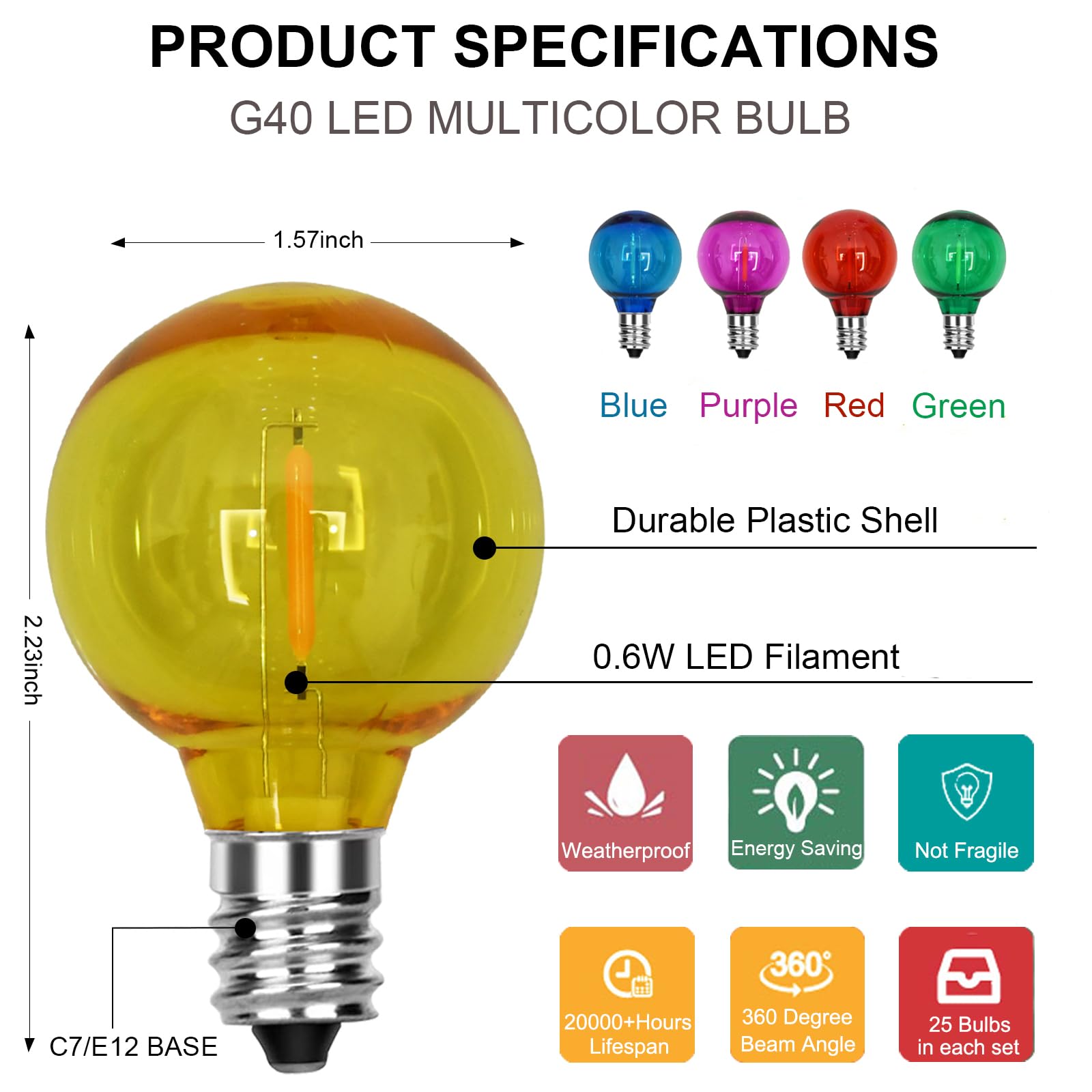SUNSGNE G40 LED Christmas Light Bulbs, 25 Pack, E12 Base, Shatterproof, 0.6 Watt, Clear Multicolor