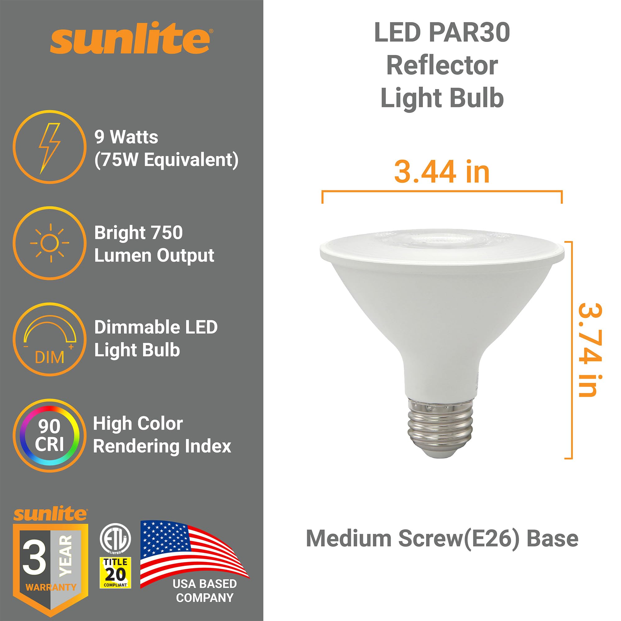 Sunlite 41806 Led Par30 Reflector Light Bulb, 9 Watts (75W=), 750 Lumens, Medium E26 Base, 90 Cri, Dimmable, Floodlight, Energy