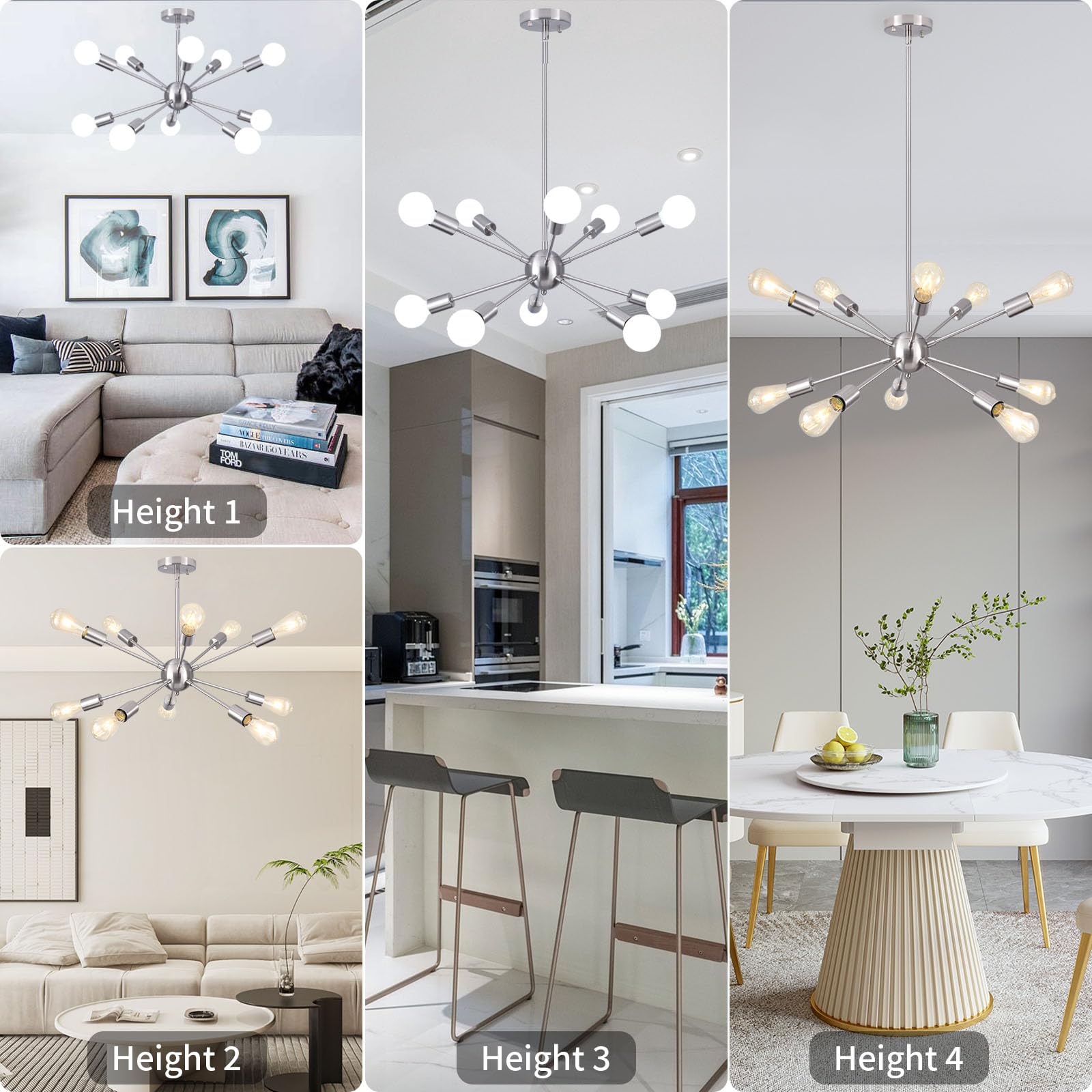 Mid Century Modern Sputnik Chandeliers,10 Lights Sputnik Ceiling Light Fixture Modern Brushed Nickel Chandeliers For Dining Room