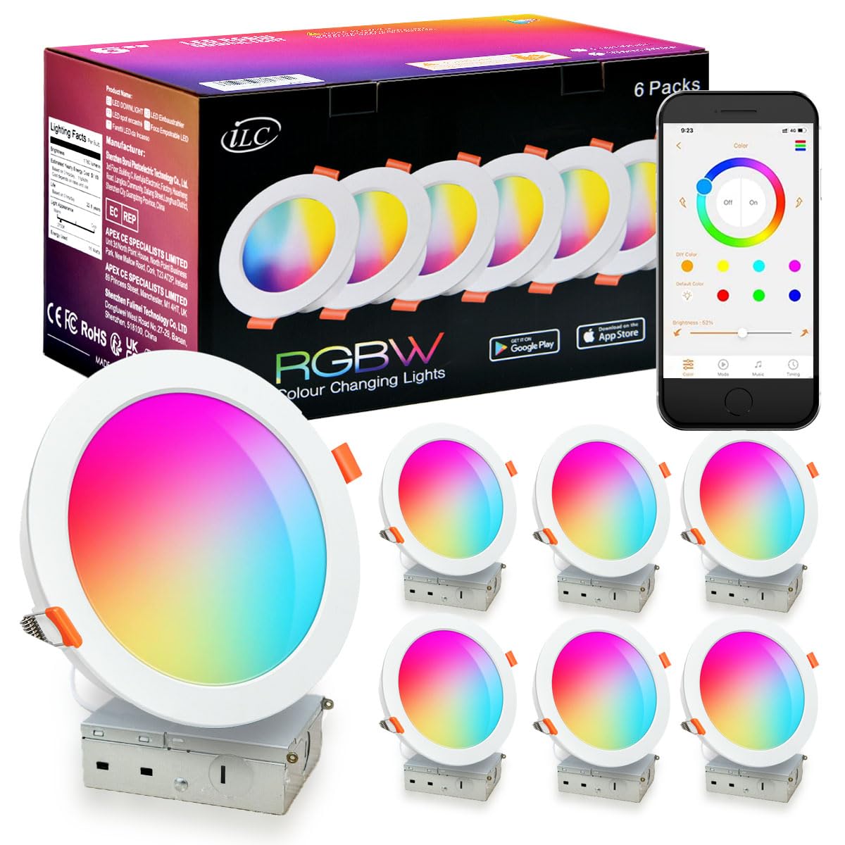 Ilc 6 Inch Led Recessed Light, Work With Alexa (Hub Required), App Controlled, Rgb Color Changing, 16 Million Colors, Cct: 2700K