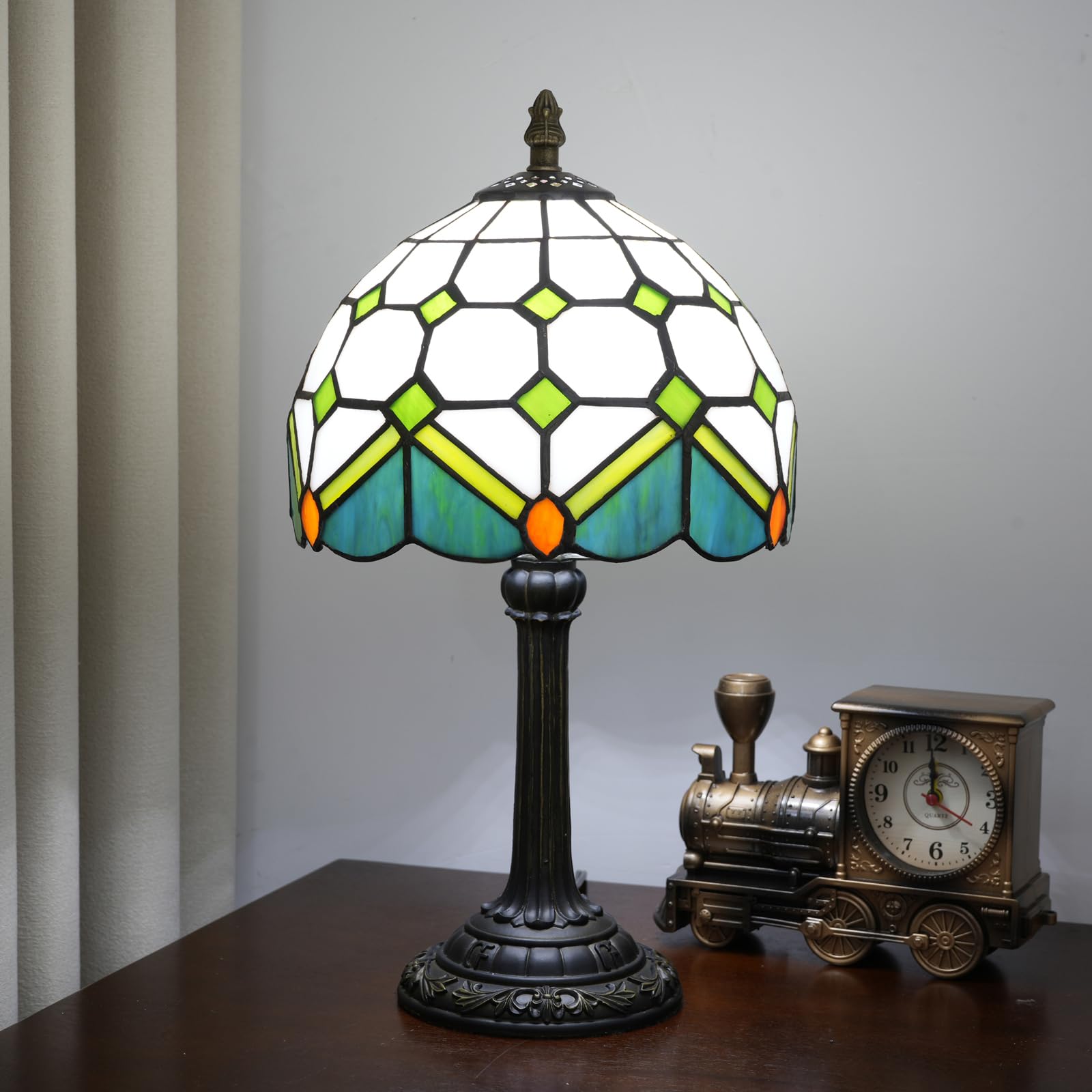 TIFLRIS Small Tiffany Lamp Stained Glass Table Lamp 8 Inch Vintage White Green Geometric Pattern with Teal Orange Accents Cute U