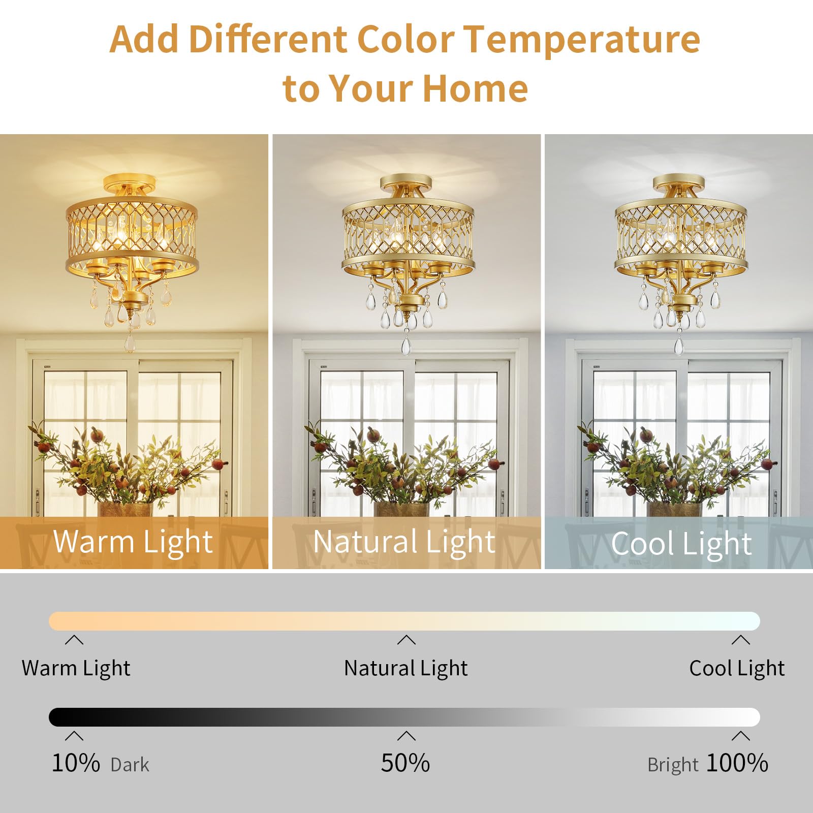 Crystal Ceiling Light Fixture  Farmhouse Semi Flush Mount Ceiling Light  Gold Crystal Chandeliers For Dining Room Light Fixture  Hallway Lighting Fixtures For Kitchen Bedroom Bathroom Foyer Entryway