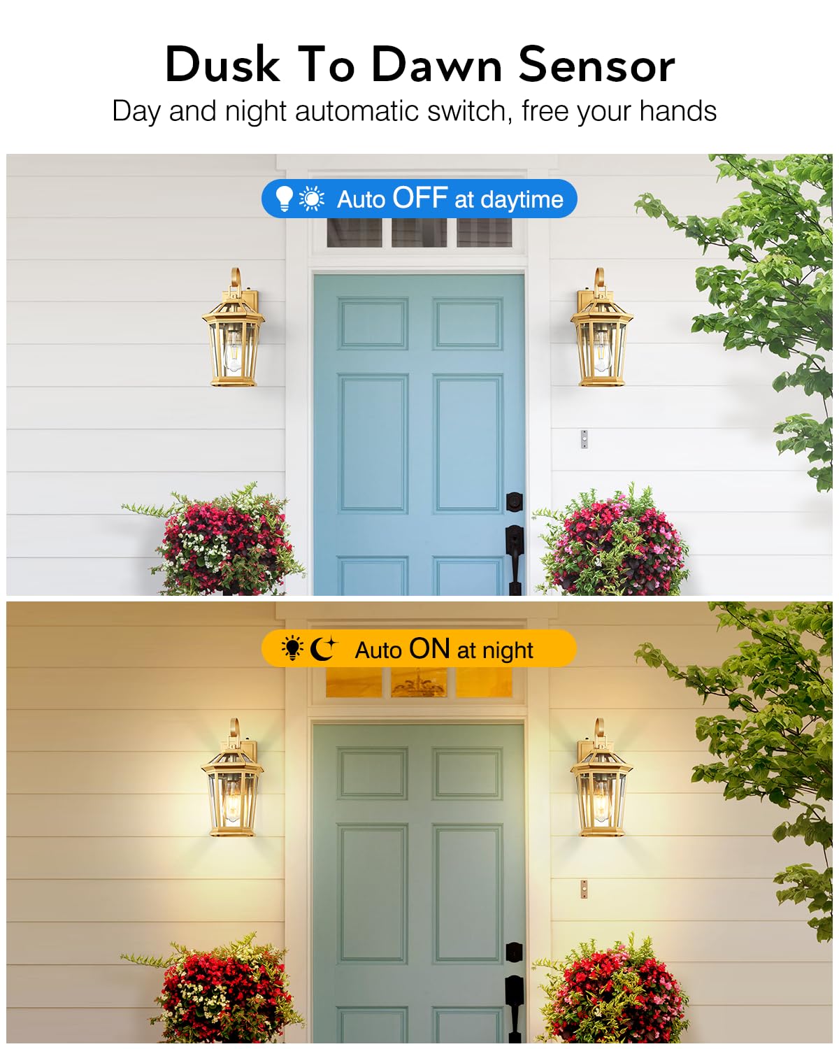 VIANIS Outdoor Porch Light Fixture, Dusk to Dawn, Waterproof Gold Wall Sconce, 1-Pack, Model V81261GD