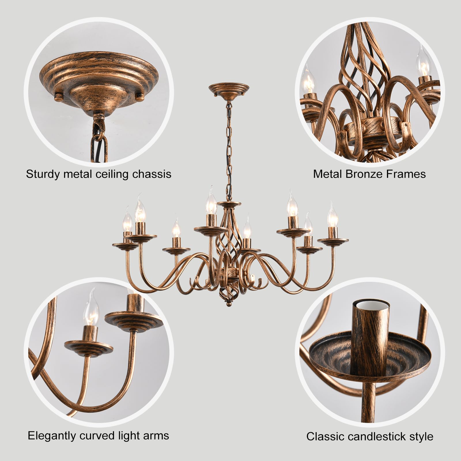 Ganeed Rustic 8-Light Antique Bronze Candle Chandelier, Vintage Iron Pendant Light Fixture for Farmhouse Living Room, Model 060-8br