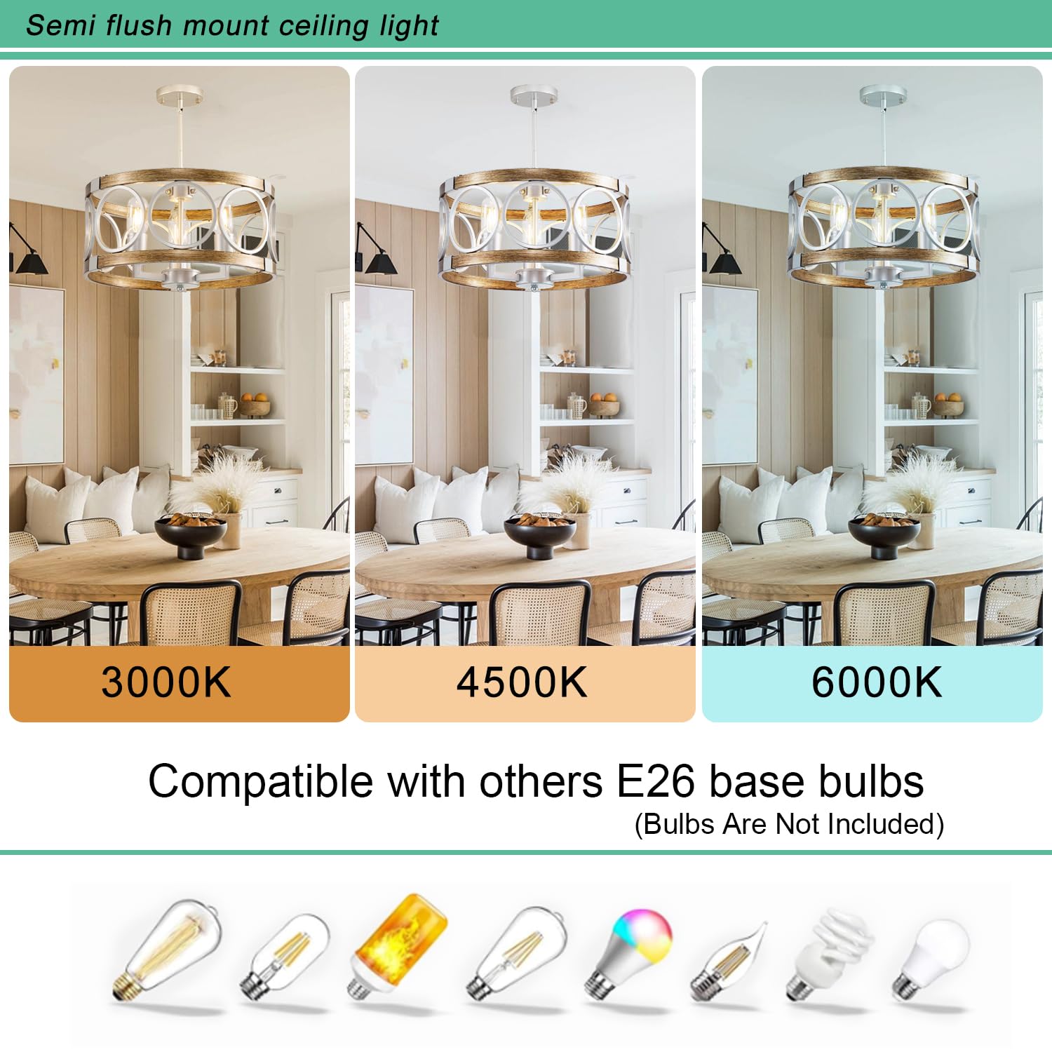 Shiandar Silver Farmhouse Chandelier Light Fixture, 4-Light Kitchen Lighting Fixture Ceiling Mount, Rustic Round Ceiling Hanging Kitchen Island Lighting For Dining Room Bedroomxture