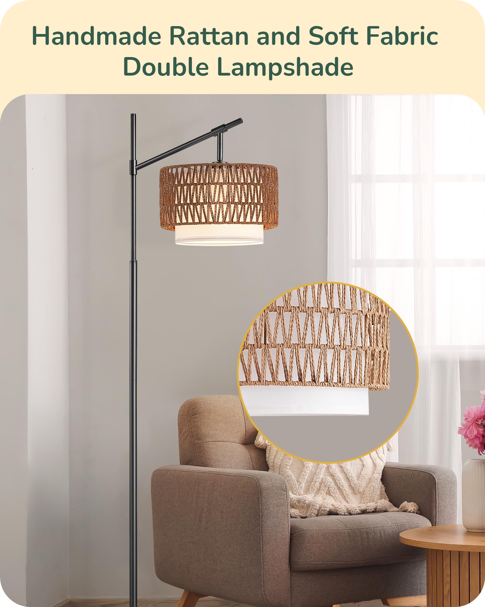 EDISHINE Arc Dimmable Floor Lamp, Black, Rattan & Fabric Shades, 5 Color Temperatures, Adjustable with Remote, Model HFLEA3B