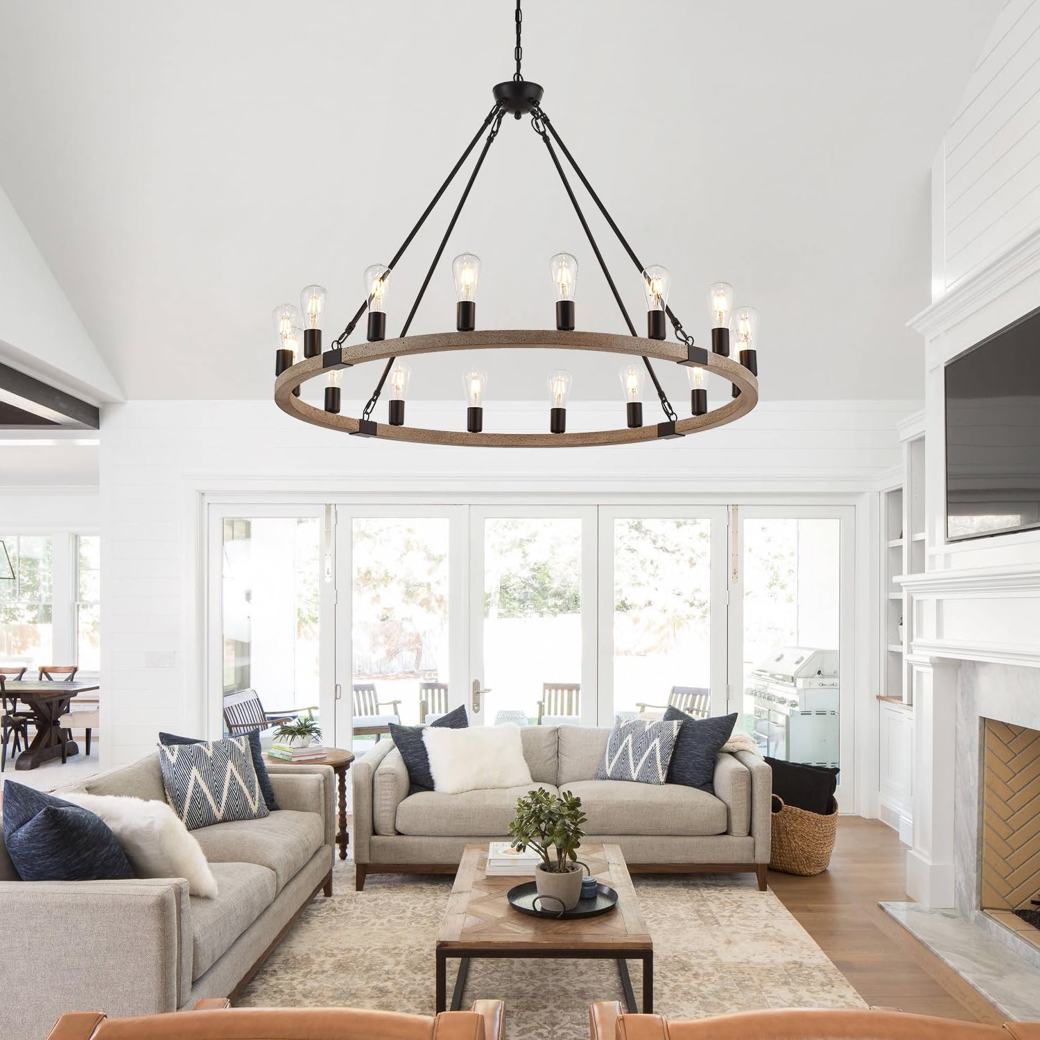 Brfaixla 16 Lights Wooden Wagon Wheel Chandelier Farmhouse 43.3’’ White, Black Metal Pendant Chandeliers Wood Vintage Rustic Light Fixtures Industrial For Living Dining Room Foyer High Ceiling Villa