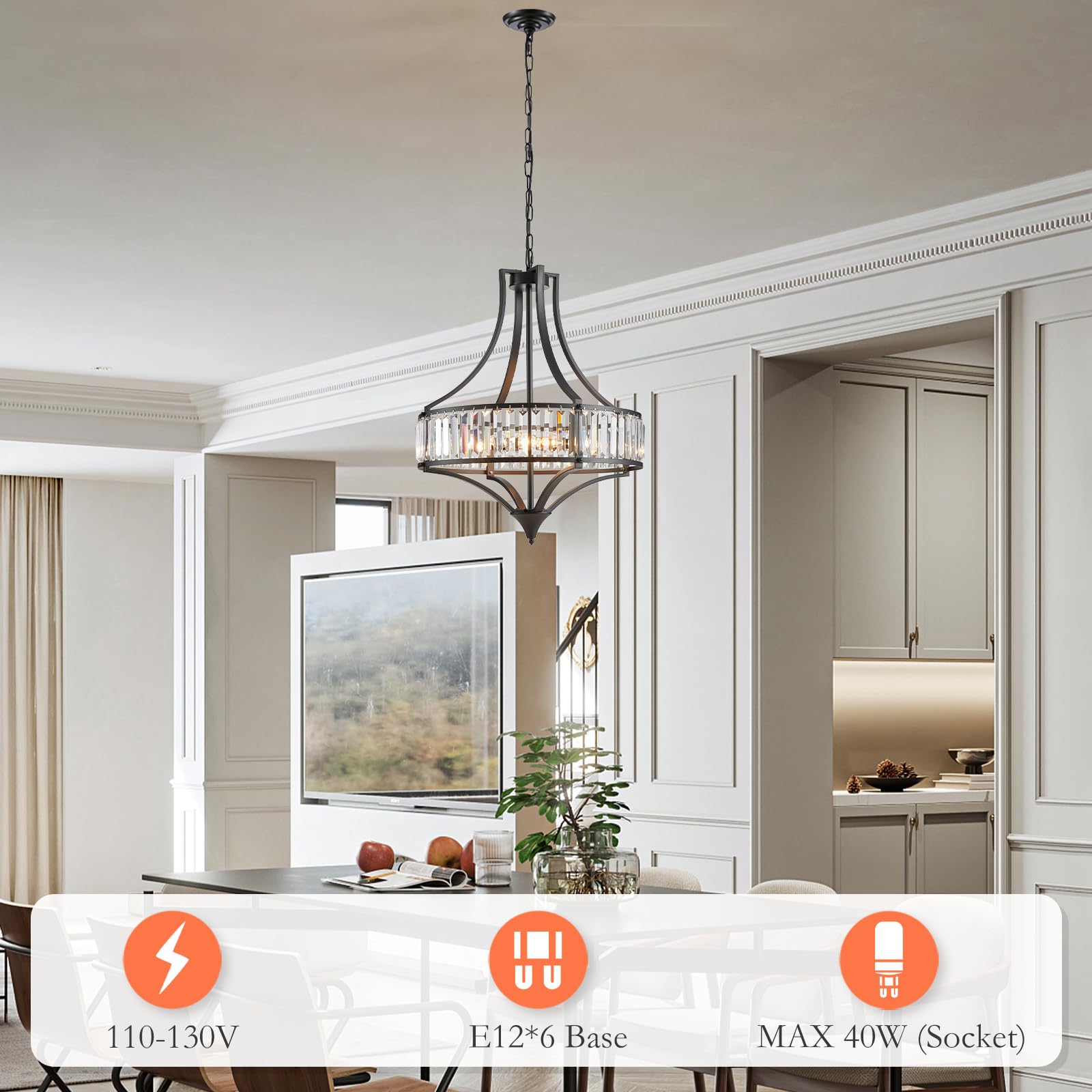Majhoiw 6-Light Crystal Chandelier - Rustic Black Metal Shade, Large Size for Dining Room, Kitchen Island, Hallway, Model MJ032-BK