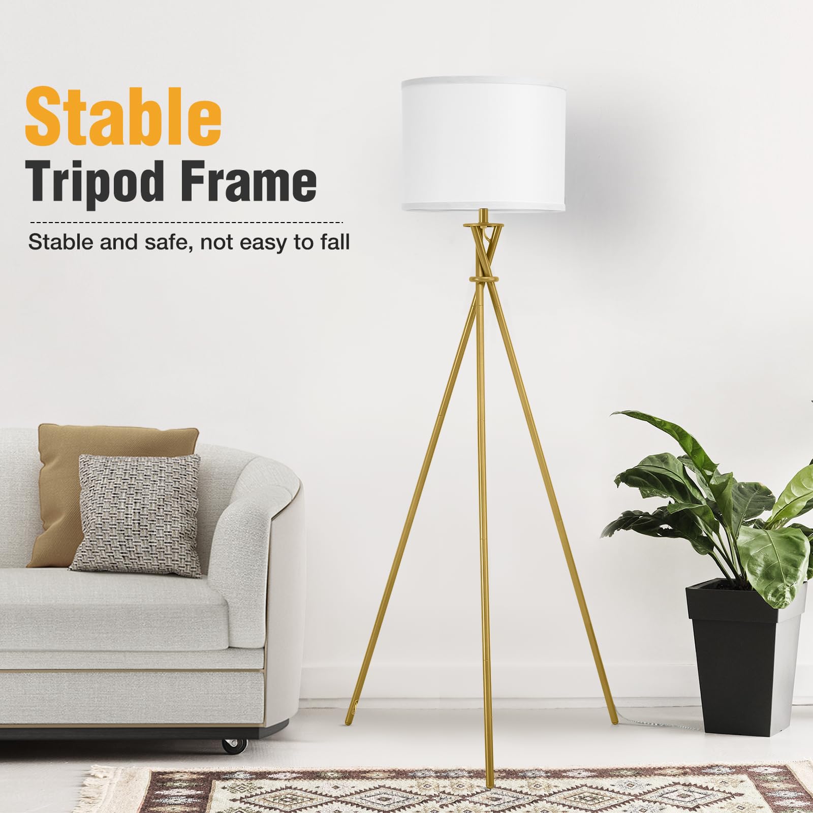 Luvkczc Gold Tripod Floor Lamp, 61” Tall, Metal with White Shade, Model 1FL-054-03