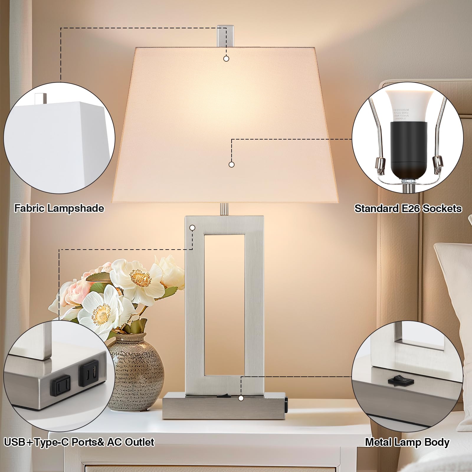 Cinkeda Table Lamp Set of 2 - Modern Silver Lamps with USB C+A Ports & AC Outlet for Bedroom Nightstands, Model TD-CK-377