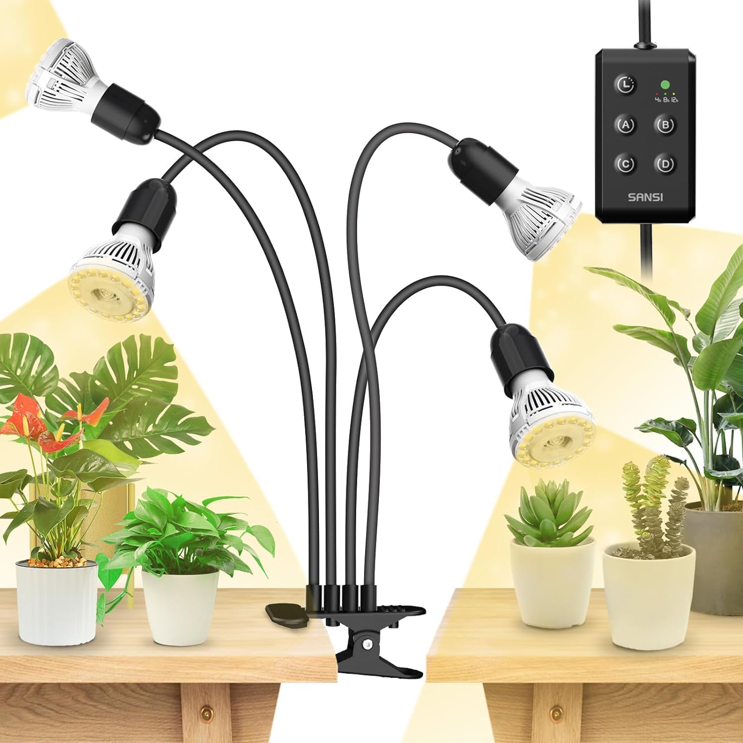 SANSI LED Grow Light, 600W Full Spectrum, 4-Gooseneck, Timer 4/8/12 Hrs, Ceramic, Black, Model C21GL-GE26-