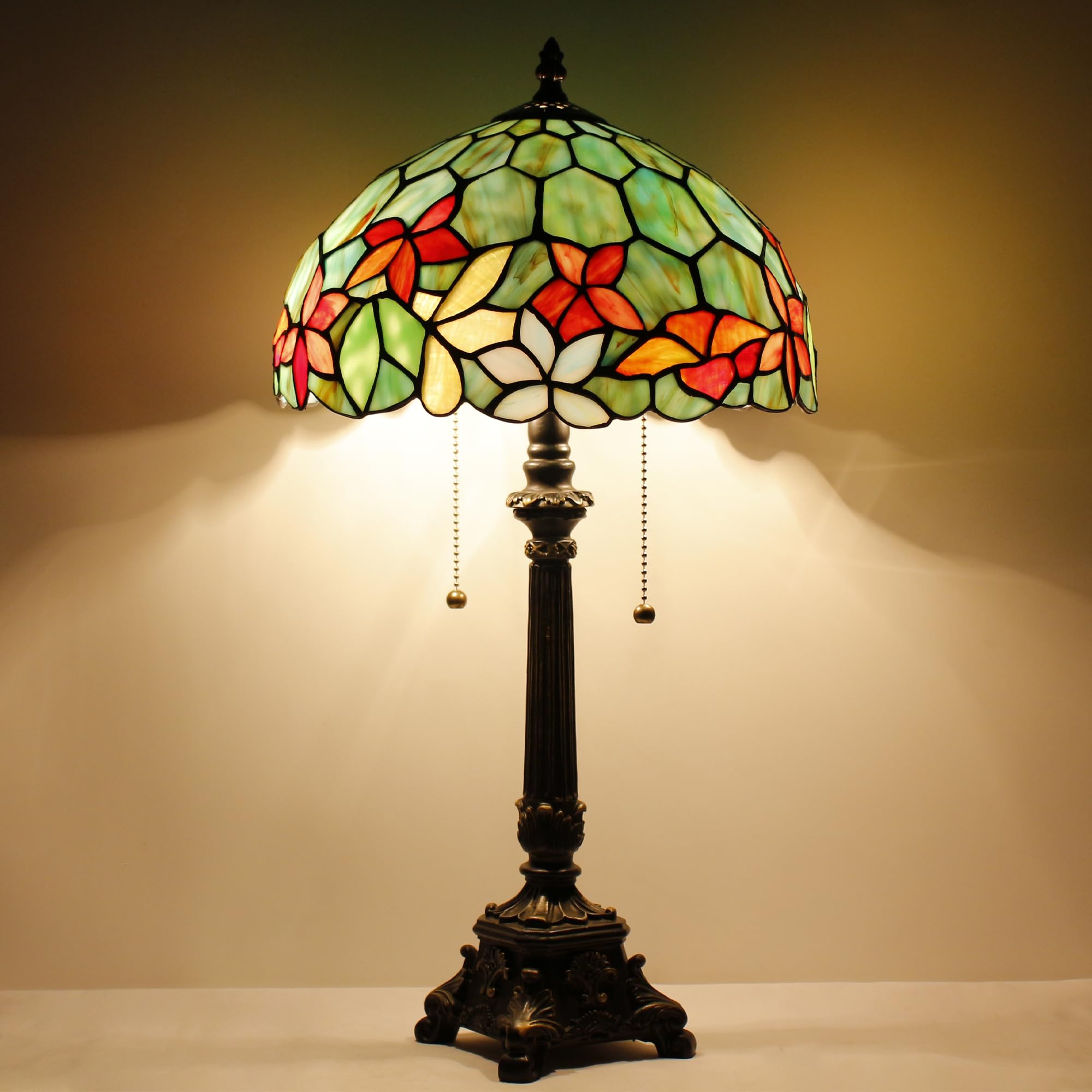 L-Juicwe Tiffany Table Lamp Red Yellow Green Flowers Stained Glass Desk Lamp 12X12X21 Inches Reading Light