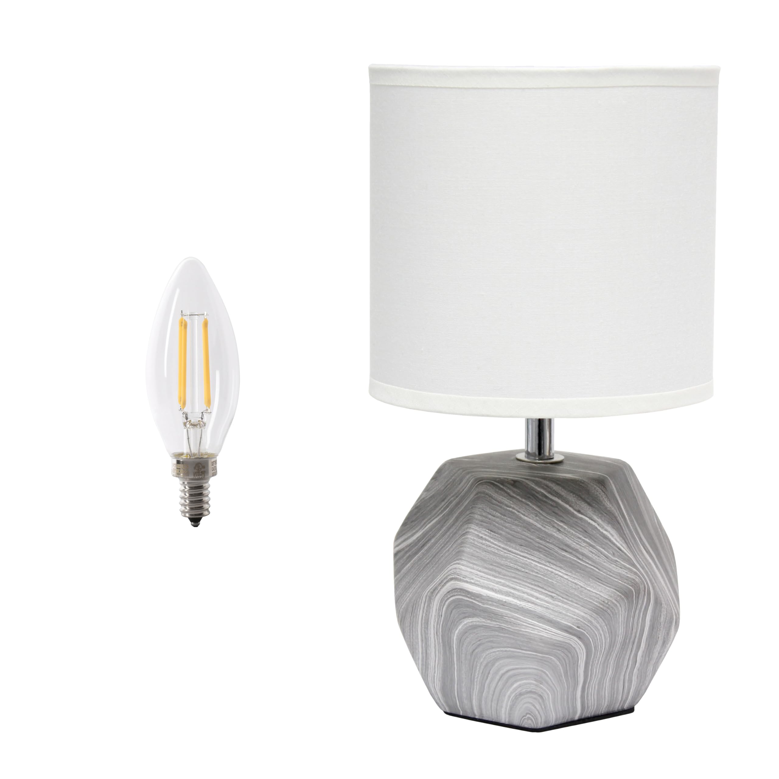 Simple Designs Lt2065-Mbl-Lb 10.24'' Round Geometric Prism Mini Table Lamp With White Fabric Shade, Led Bulb Included, Marble-In