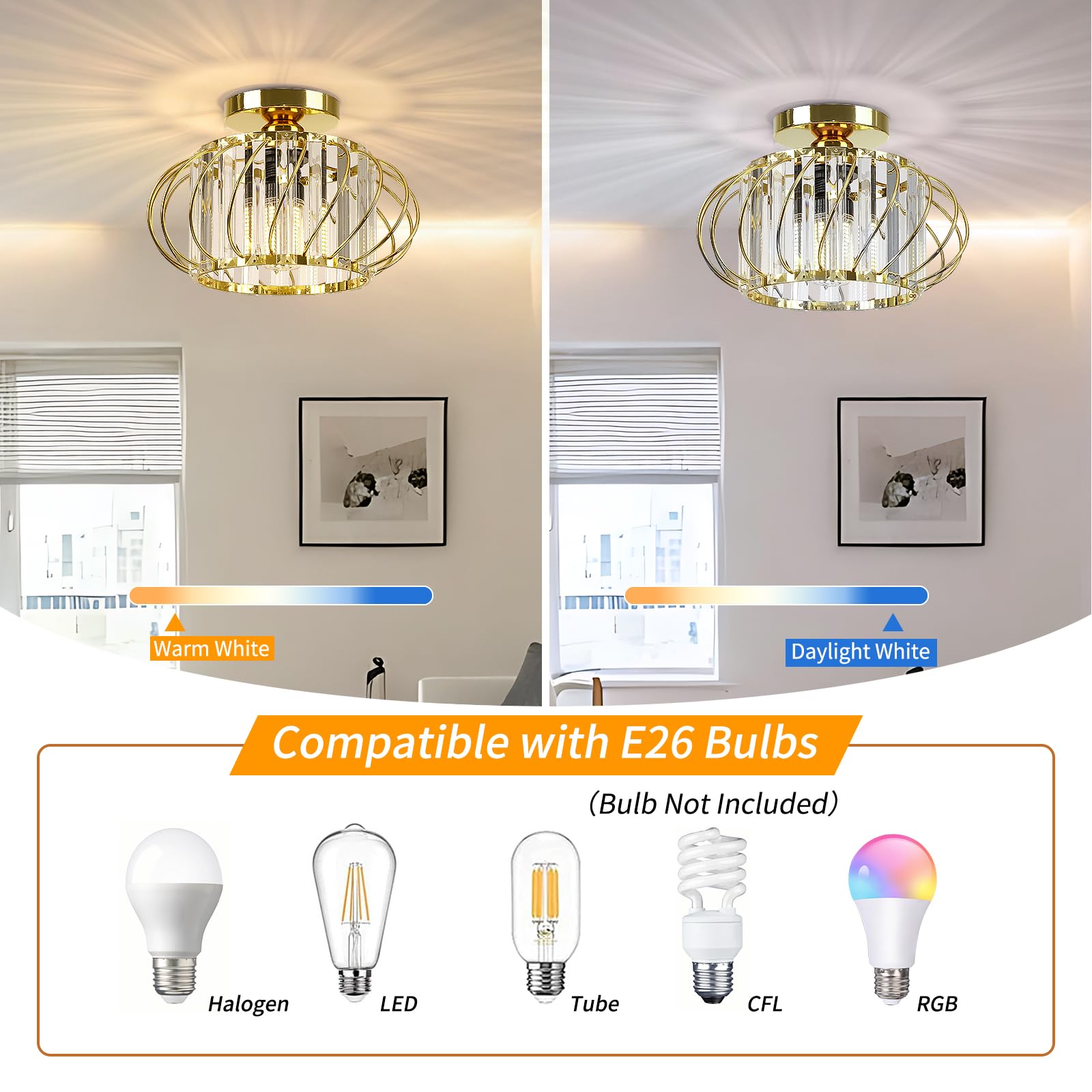 Frideko Home Semi Flush Mount Ceiling Light - Crystal Chandelier Hallway Lighting Fixtures Ceiling Gold Ceiling Light Fixture Fo