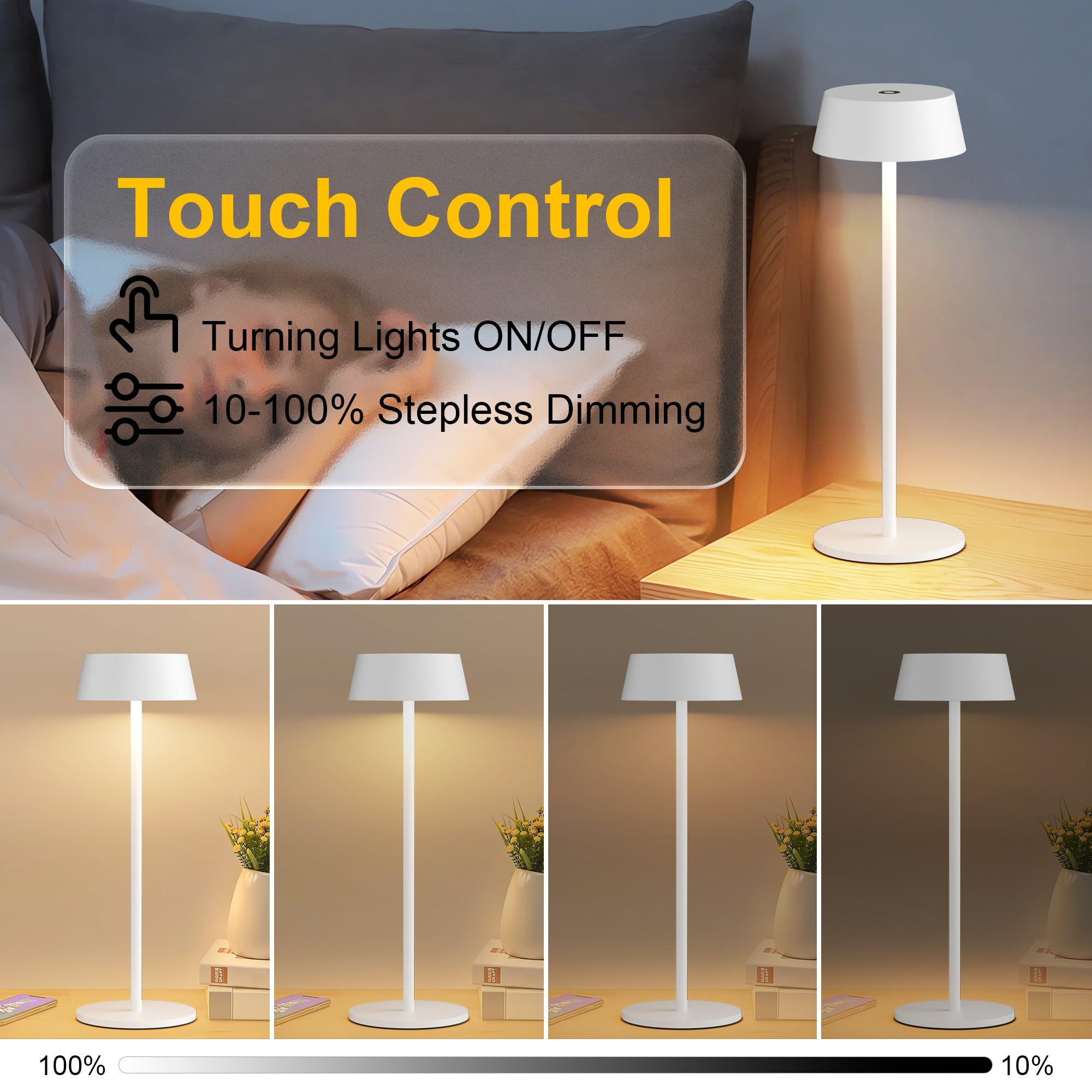 Aipsun Table Lamps Set Of 2, White Battery Operated Table Lamp Cordless Outdoor Touch Led Table Lamp For Restaurant/Living Room/