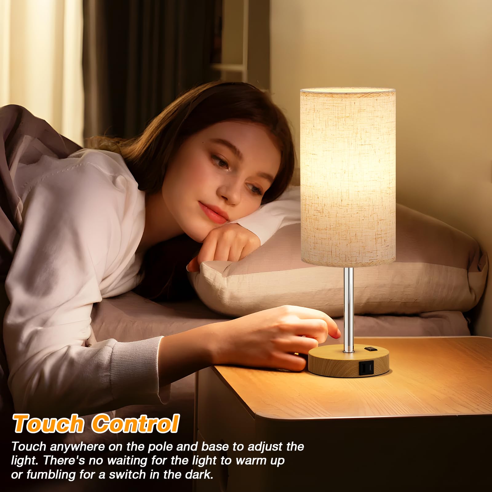 Touch Bedside Table Lamp With Usb - 3 Way Dimmable Wood Lamp For Bedroom Nightstand, Desk Lamp With Charging Station For Dorm, O