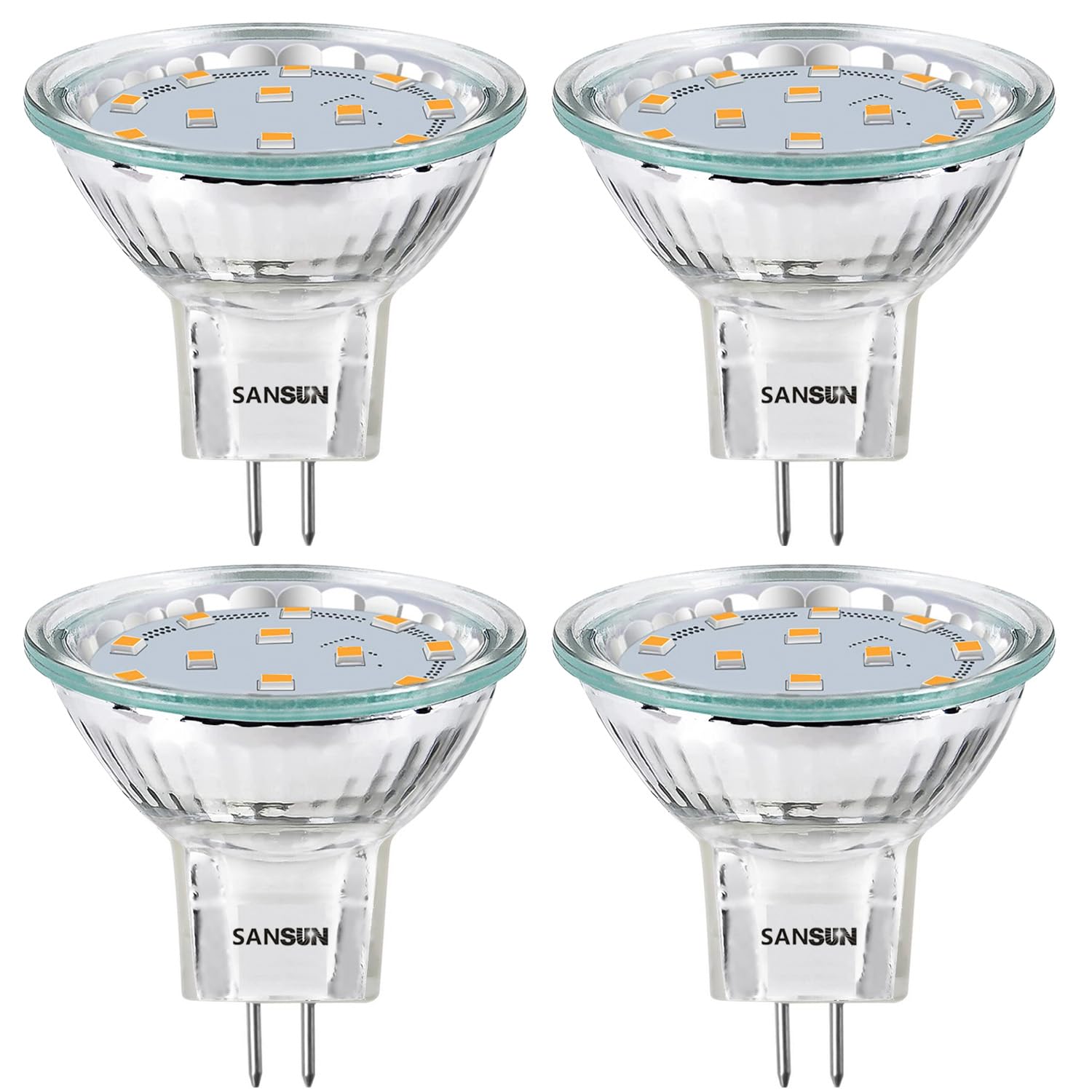 SANSUN MR11 LED Landscape Light Bulbs, 3W GU4 Bi-Pin, Soft White 3000K, Non-Dimmable, 4 Count, Quartz Glass
