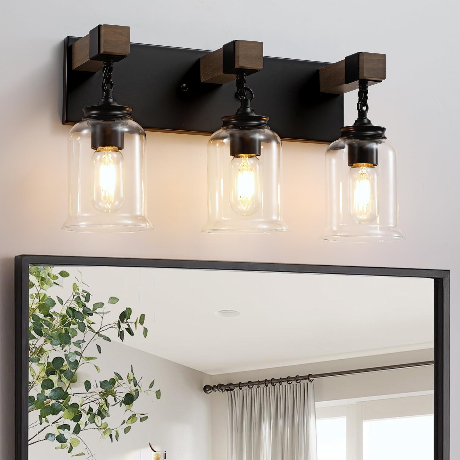 Farmhouse Bathroom Light Fixtures, 3-Light Matte Black Bathroom Vanity Light, Industrial Style With Clear Glass Shades, Lighting