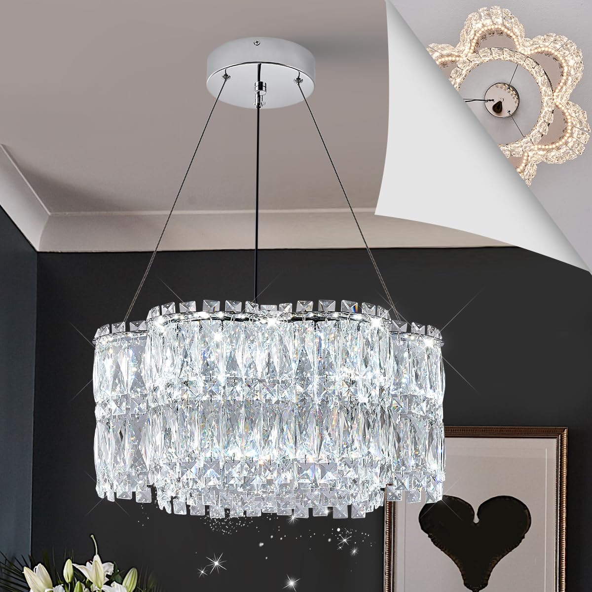 Poemoon LED Crystal Chandelier Light Fixture, Dimmable, Chrome 20in , Modern Design for Dining Room, Bedroom, Kitchen, Foyer