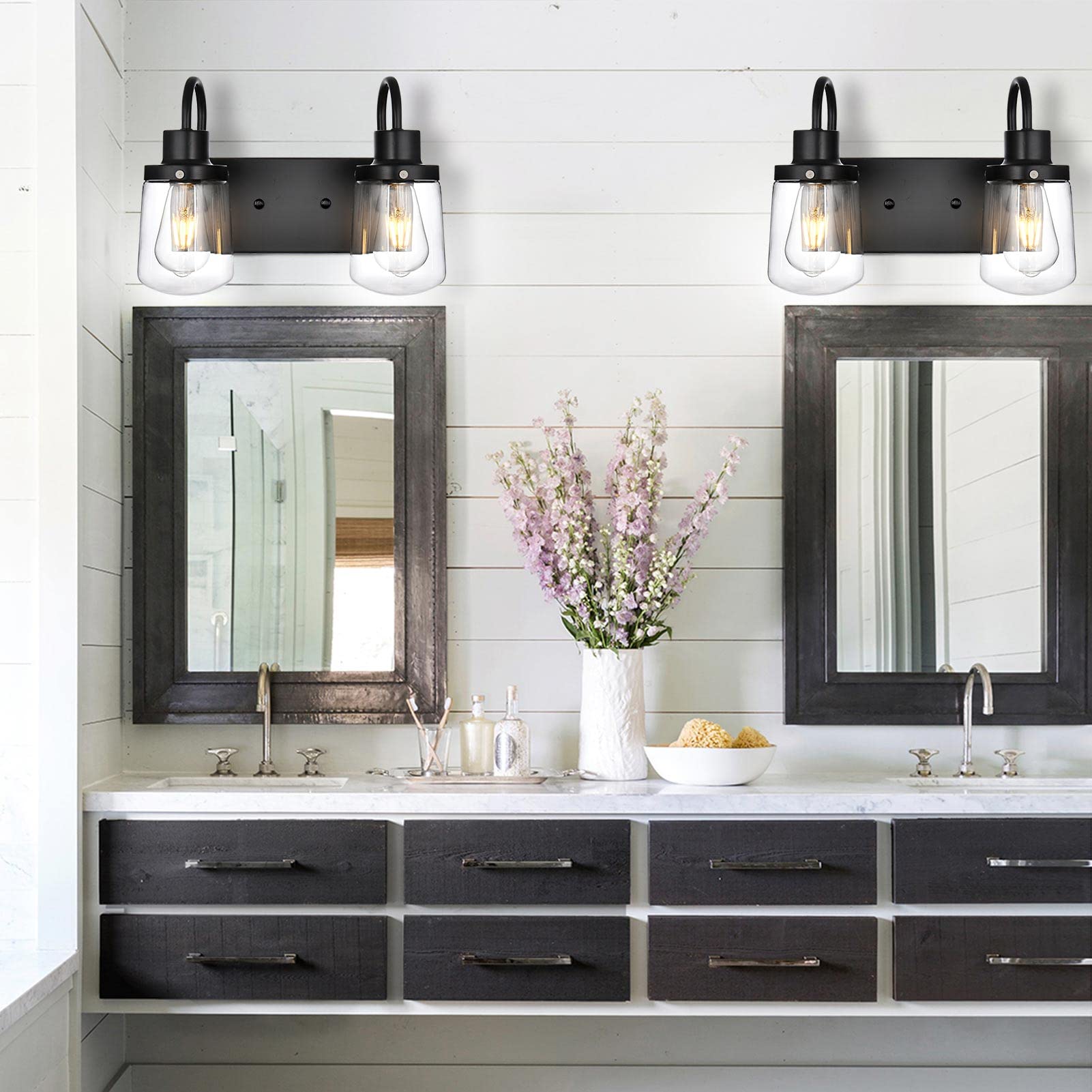 Yaohong 3-Light Industrial Wall Sconce - Modern Black Vanity/Bathroom Lamp With Clear Glass Shades