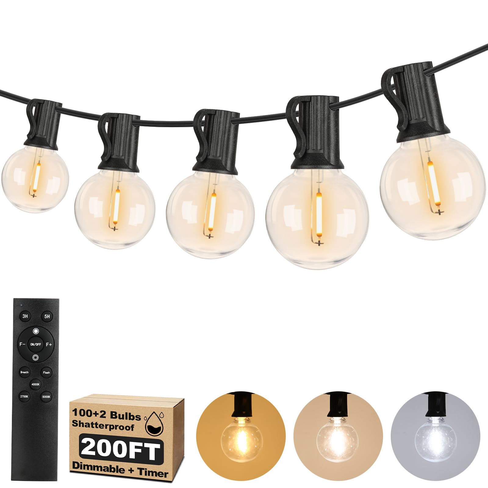 200FT LED Outdoor String Lights with 3 Color Lights, Dimmable String Lights for Outside with Remote, G40 Globe Waterproof Patio 