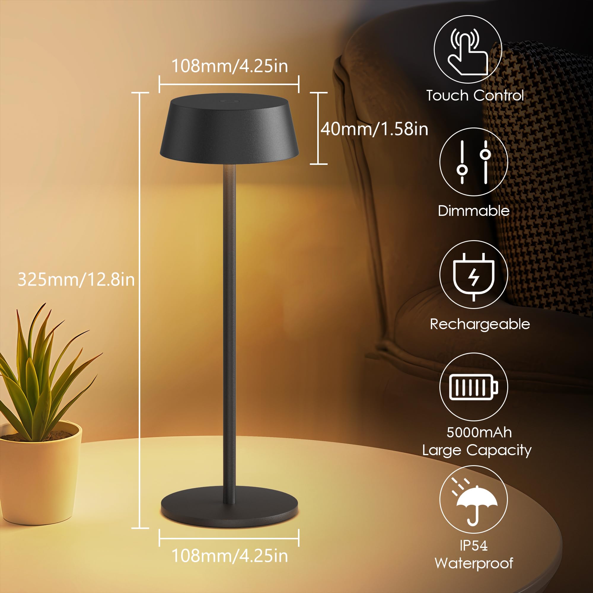 Aipsun Table Lamps Set Of 2, Black Battery Operated Table Lamp Cordless Outdoor Touch Led Table Lamp For Restaurant/Living Room/