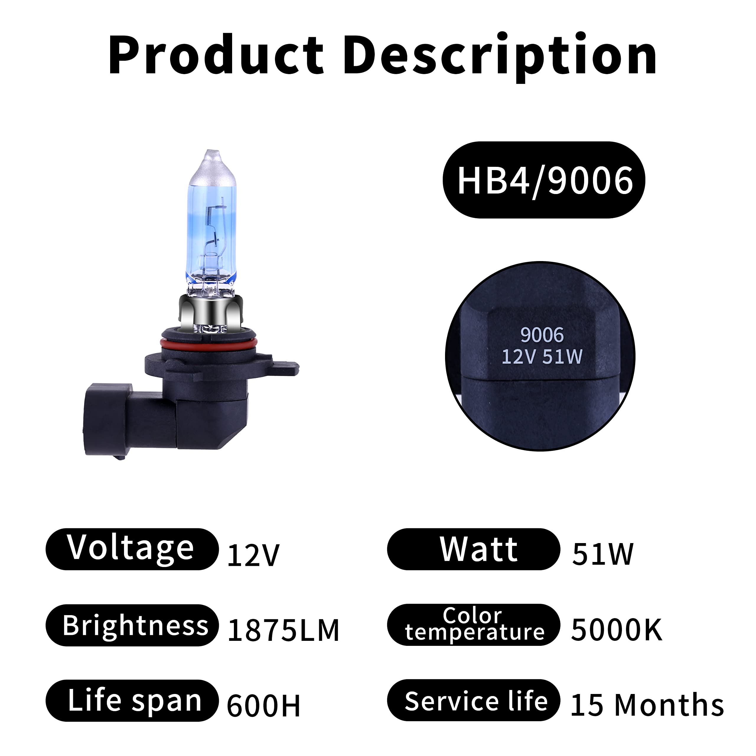 Newbrown 9006 Hb4 Halogen Headlight Bulb With Super White Light Long Life Replacement P22D 12V/51W (2 Pack)