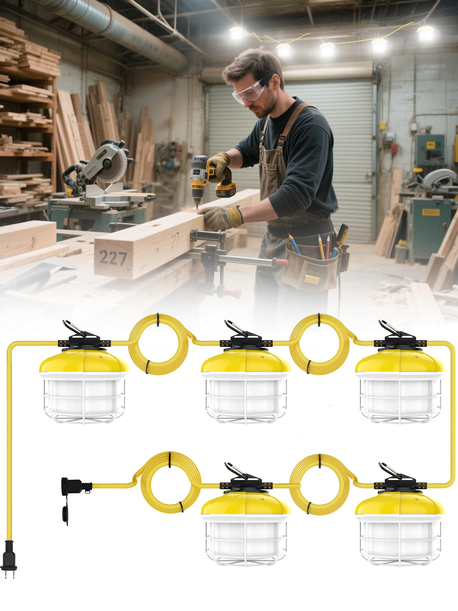 HYPERLITE LED String Lights - 50FT Work Lights with 5 Bulbs, IP65 Waterproof, White, Model HP-JL-BU01