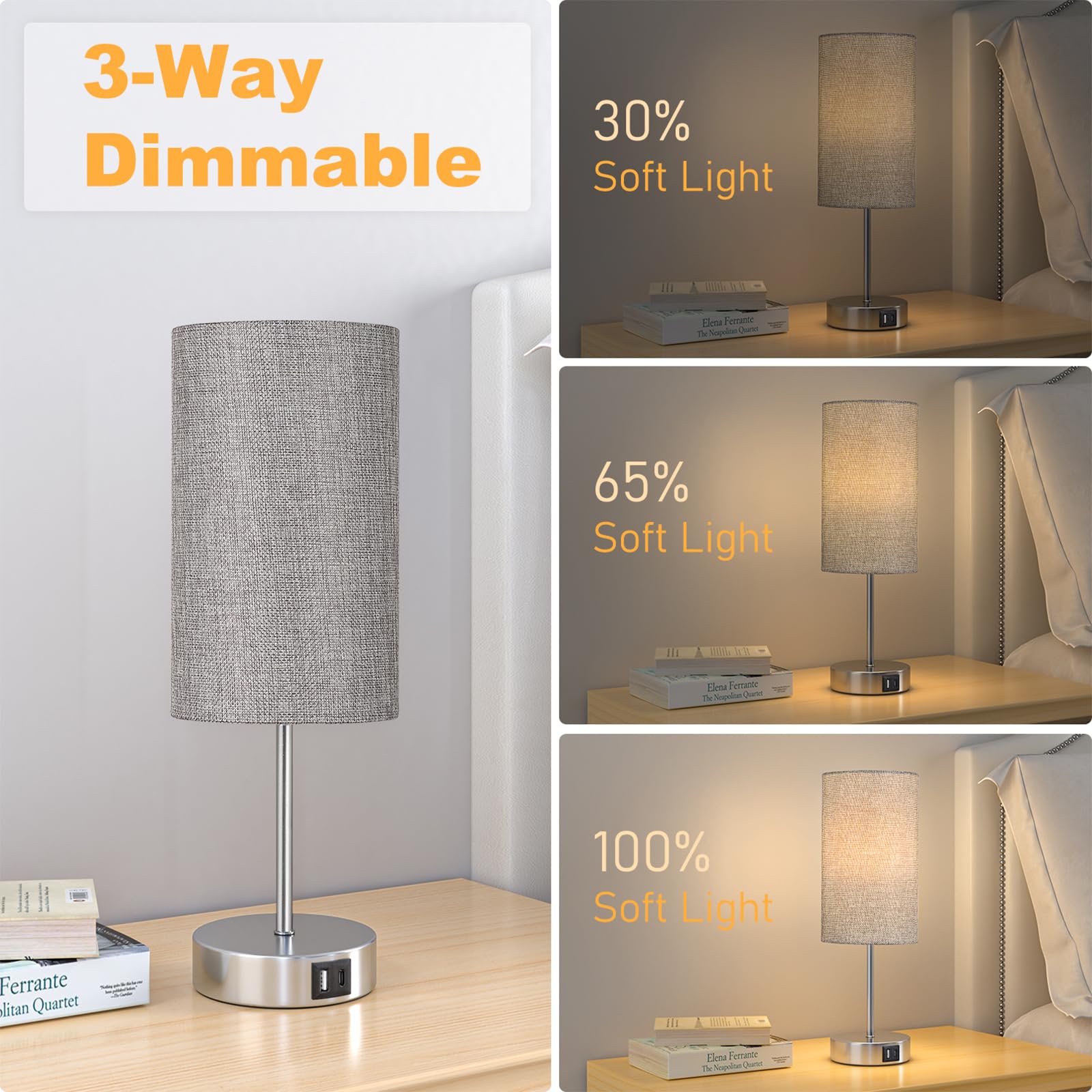 AKASUKI Table Lamp, 3 Way Dimmable, Touch Control, Fabric, 14.25 in, Grey Shade-Silver Base, Model XTD-Y, LED Bulb Included