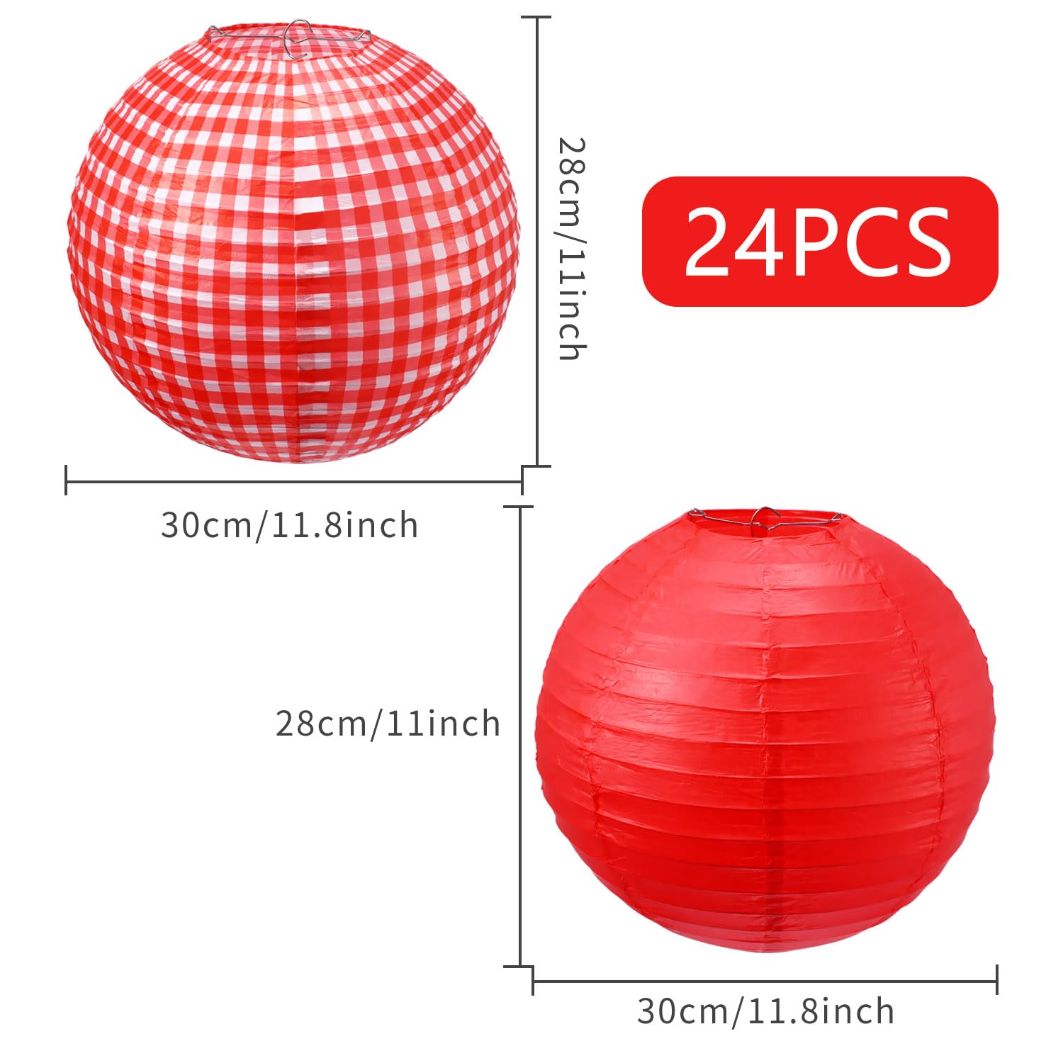 Blulu Picnic Party Decorations - 24 Red Paper Lanterns, Checkered Round Design, Red and White, Ideal for BBQ and Pizza Parties