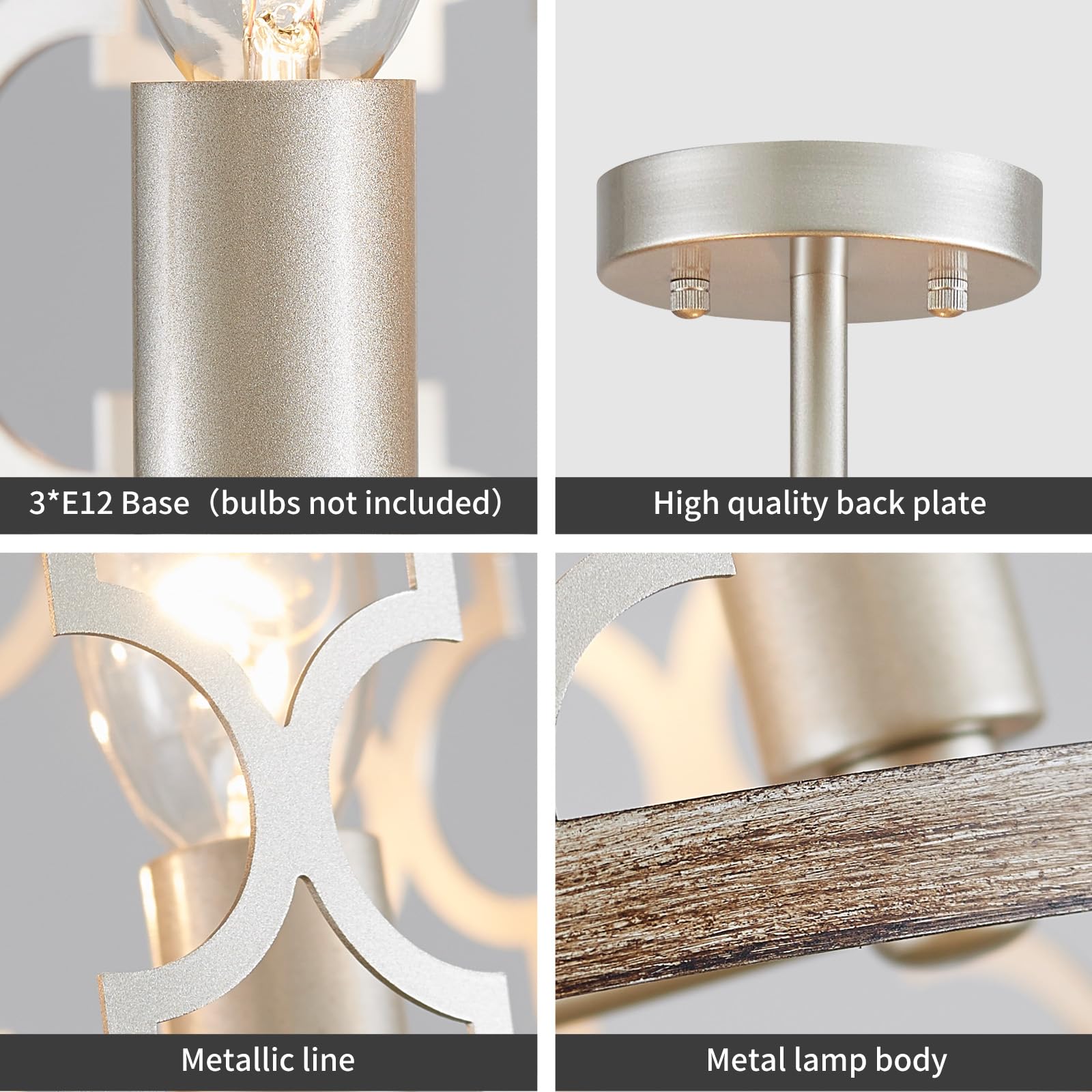 WUZUPS Chandelier 3-Light Vintage Farmhouse Ceiling Light Fixture, H 9.8in x W 12.4in, Nickel & Wood compatible with, Model USHD900040BN