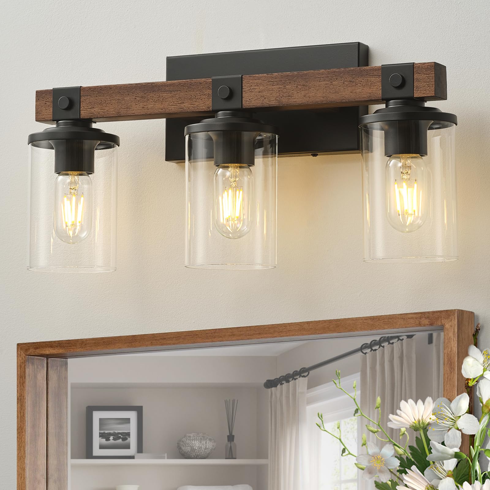 Goyeel 3-Light Rustic Bathroom Vanity Light Fixture, Antique Wood With Clear Glass Shade