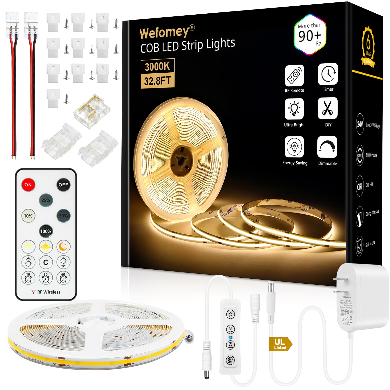 Wefomey COB LED Band Light Warm White  33ft Dimmable 3000K Super Bright White Led Lights Band with RF Remote and UL Power Supply  24V Flexible LED Tape Light for Bedroom  Kitchen  DIY Lighting
