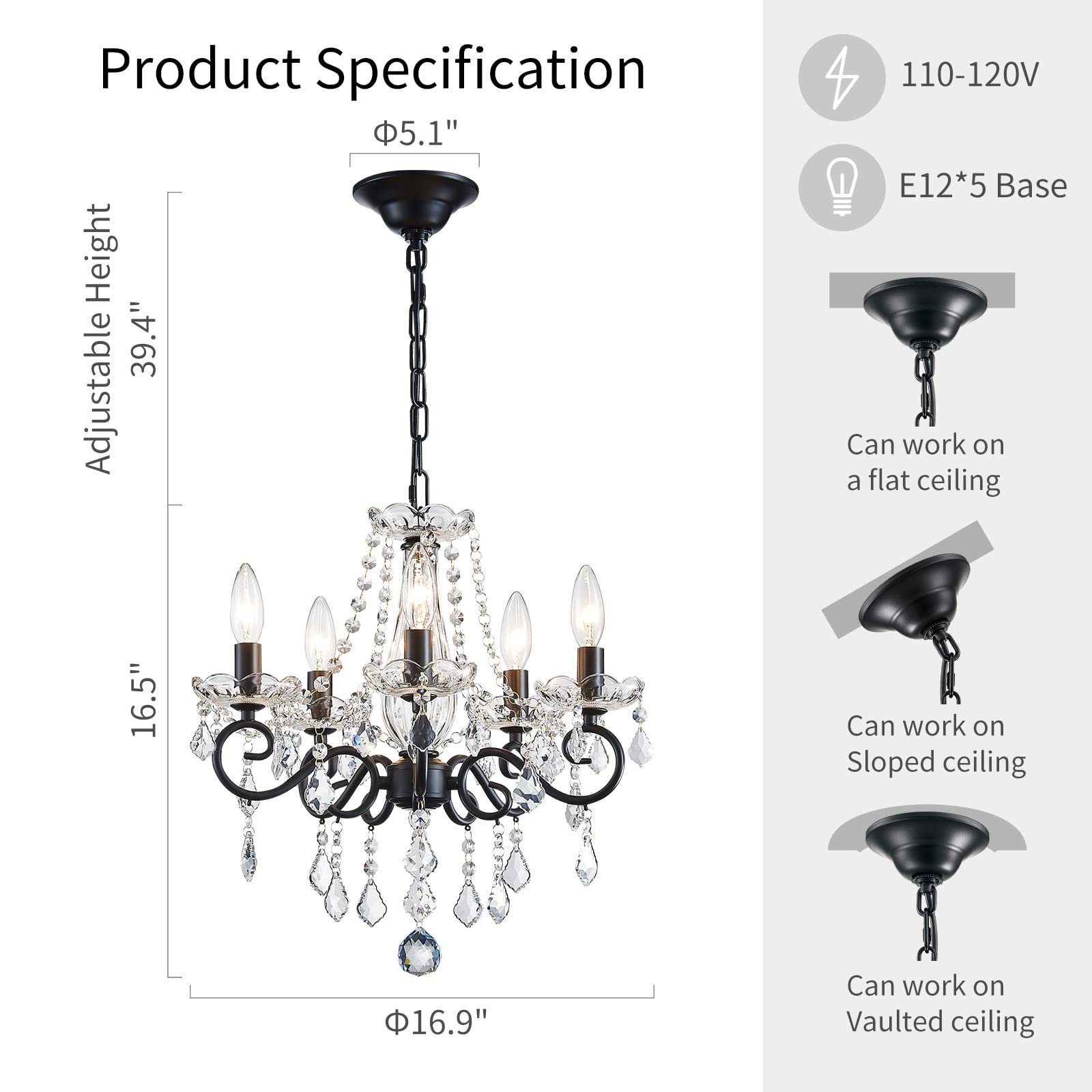 ANJIADENGSHI Small Crystal Chandelier, Black Modern Light Fixture, 16.5"H x 17"W, Mini Pendant for Dining Room, Bedroom, Kitchen