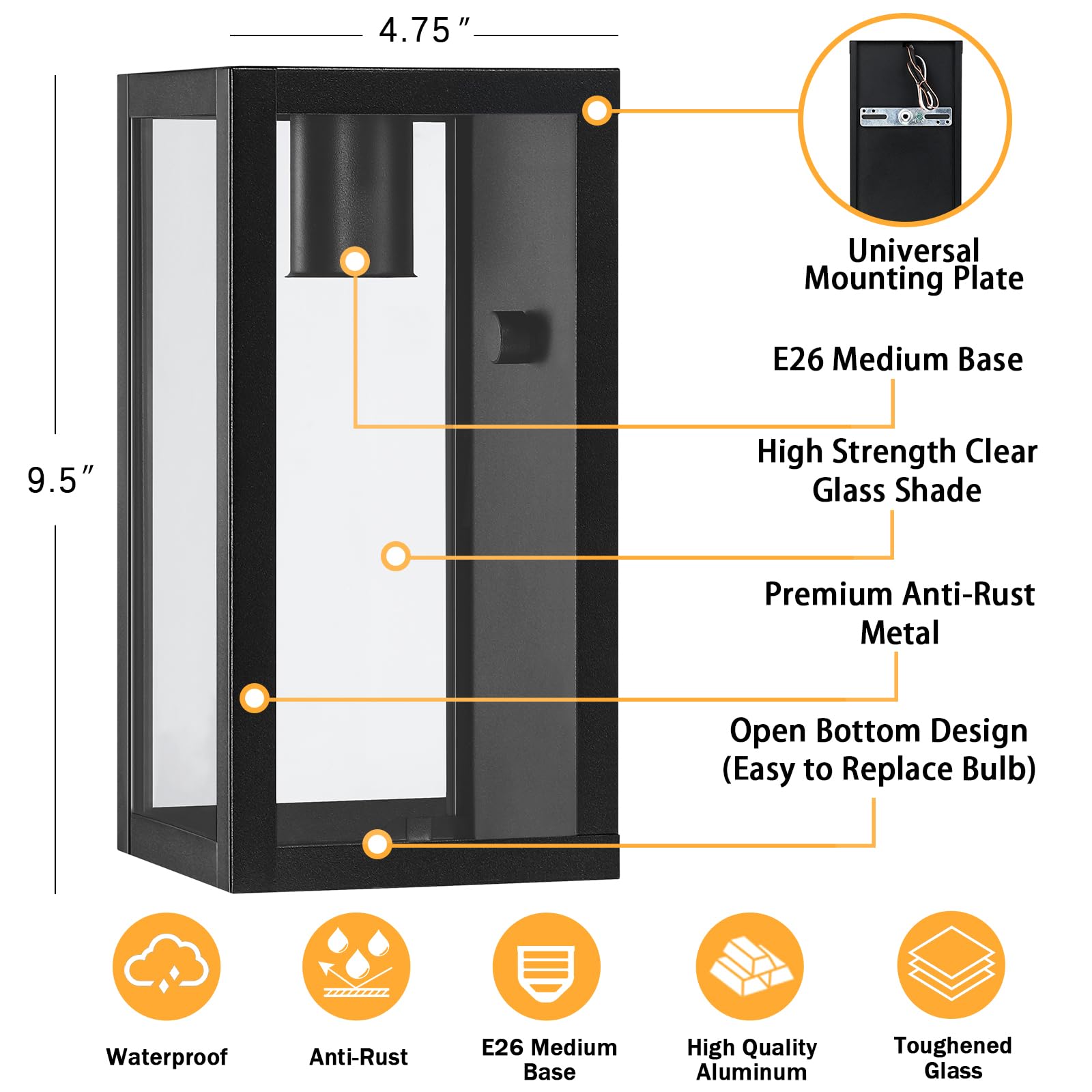 Criry Large Outdoor Exterior Wall Lights For House 2-Pack, 15.8'' Waterproof Matte Black Front Porch Lights, Rectangular Outdoor Wall Sconce Lantern For Patio Entryway Garage, Bulb Not Included