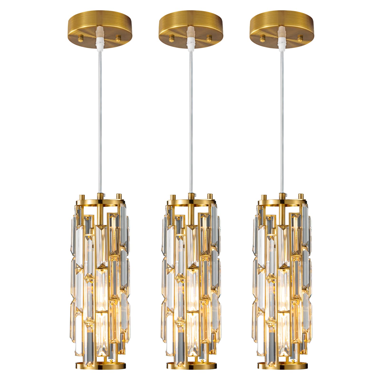 Lmqnine Gold Pendant Lights - Modern Mini Crystal Chandelier For Kitchen, Dining, Bedroom (3-Pack)