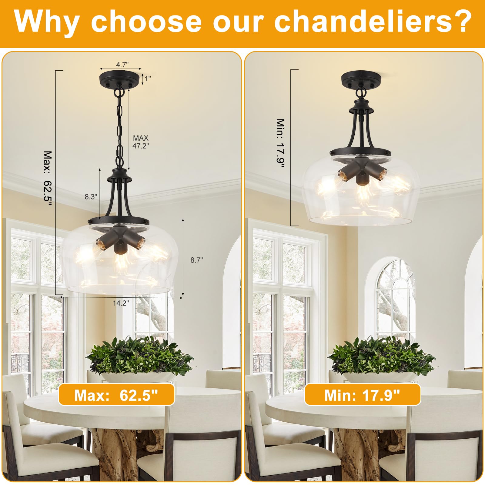 14.2 Black Chandelier  3-Light Modern Ceiling Pendant Light Fixtures  Farmhouse Dining Room Light Fixtures Over Table  Industrial Pendant Lights Kitchen Island For Bedroom  Hallway  Foyer  Entryway
