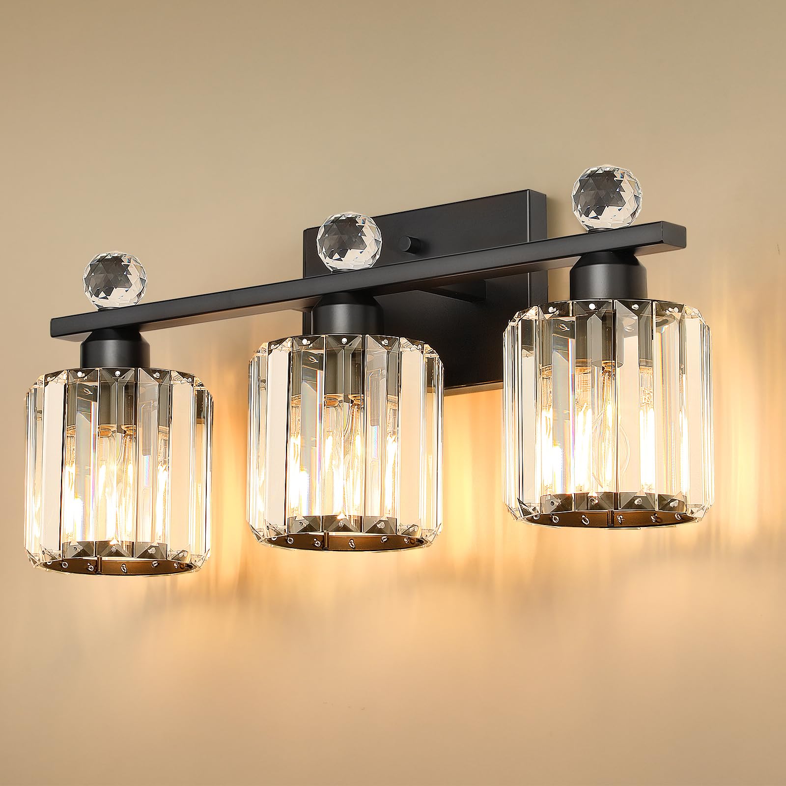 KunruiTAI 3-Light Black Modern K9 Crystal Vanity Lights, Stainless Steel Bathroom Fixture