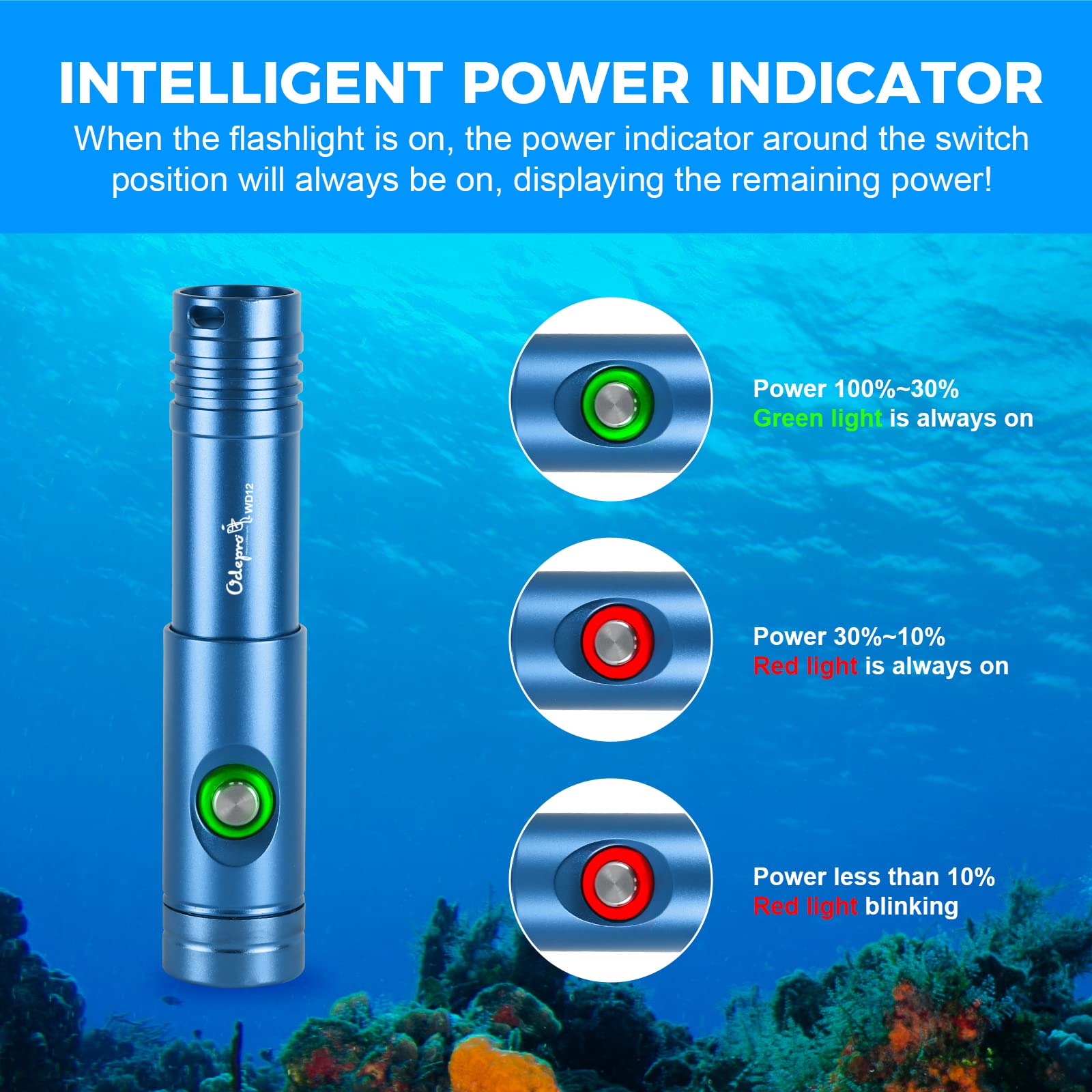 Odepro Wd12 Dive Light - 980 Lumens Compact Scuba Diving Backup Light With 3 Modes, Ip68 Waterproof Submersible Torch, Underwater Snorkeling Flashlight With Push Button (Blue)