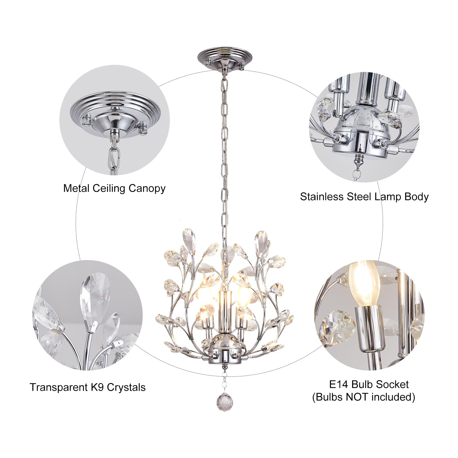 Ganeed 3-Light Vintage Crystal Chandelier, K9 Crystal Flush Mount Ceiling Light, Chrome, Model 1004-3C for Dining Room, Bedroom, Kitchen