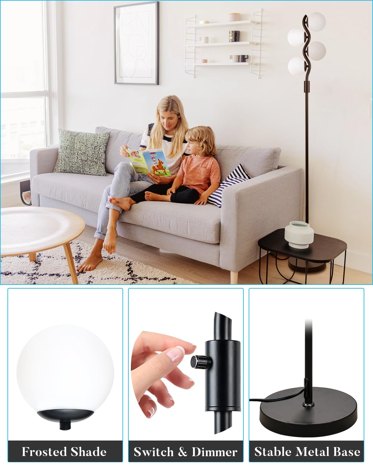 Lightdot Globe Floor Lamp For Living Room, 64In 4-Lights Dimmable Standing Lamps 3000K Soft Warm White Eye Care, Mid Century Mod
