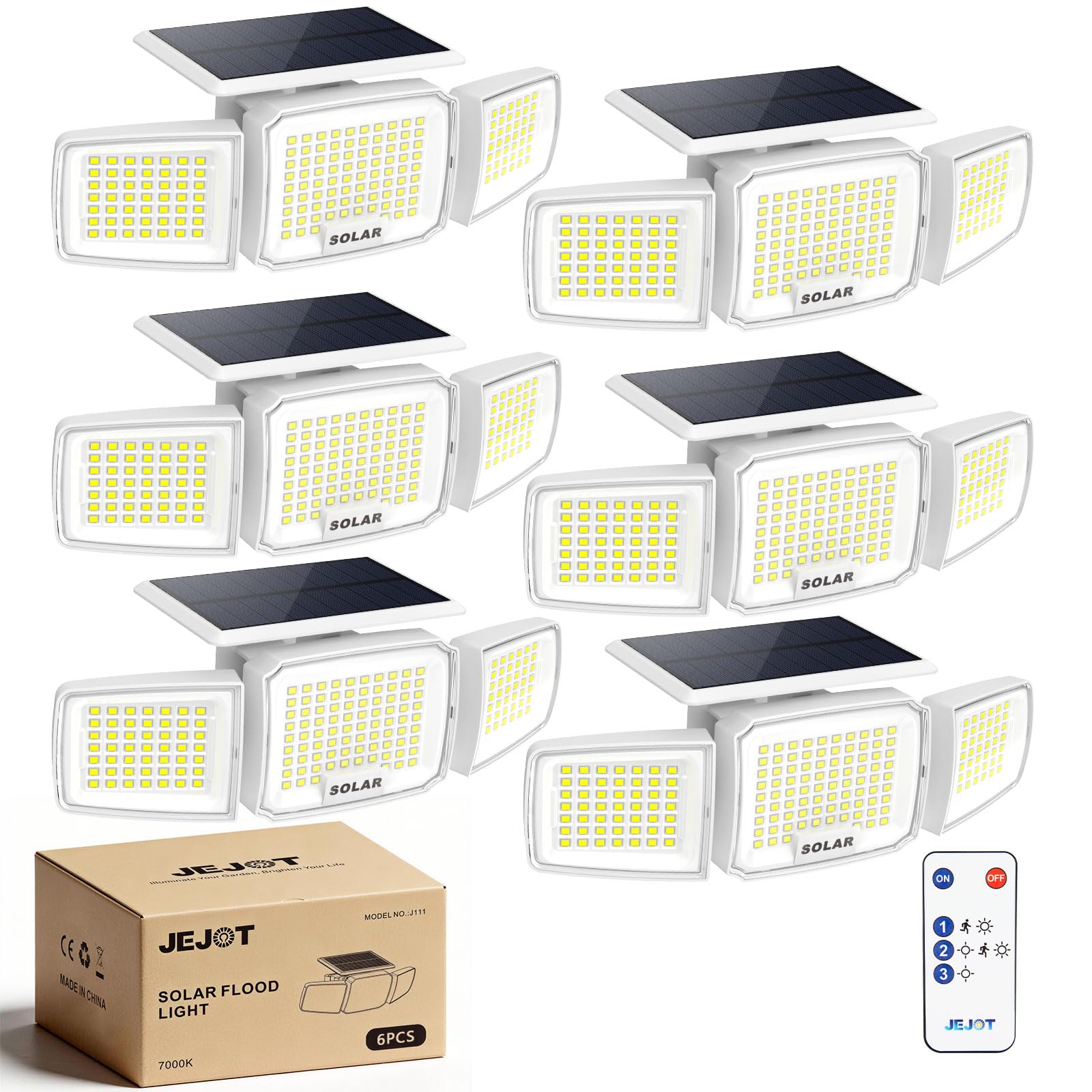 JEJOT White Solar Security Light Outdoor Super Bright LED  Motion Sensor Flood Light  3 Heads 270 Wide Angle  Remote Control  IP65 Waterproof  3 Modes (6 Packs)