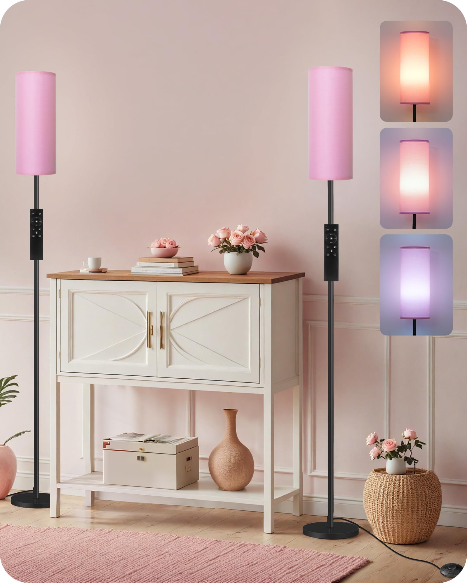 2 Pack Dimmable Pink Floor Lamps For Living Room With 2 Remotes And Foot Switch, Corner Floor Lamp For Bedroom, 66'' Standing Ta