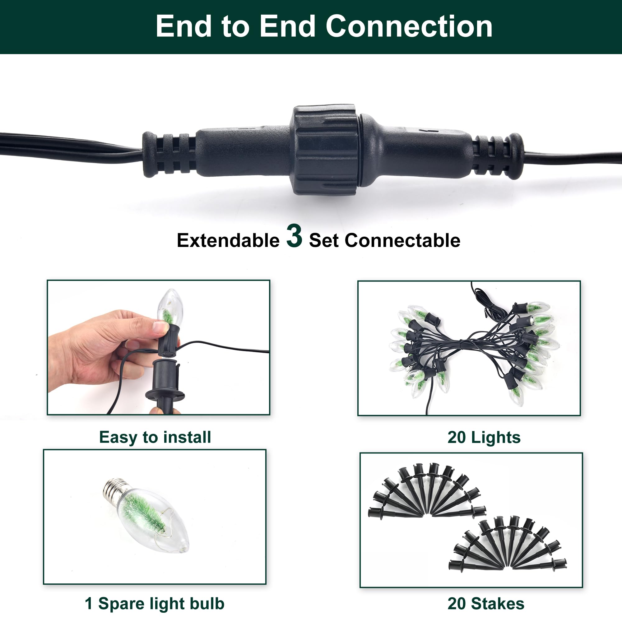 Heisok C9 Christmas Pathway Lights Outdoor - 24.2Ft 20 Led Christmas Lights With Stakes, Waterproof Connectable Walkway String L