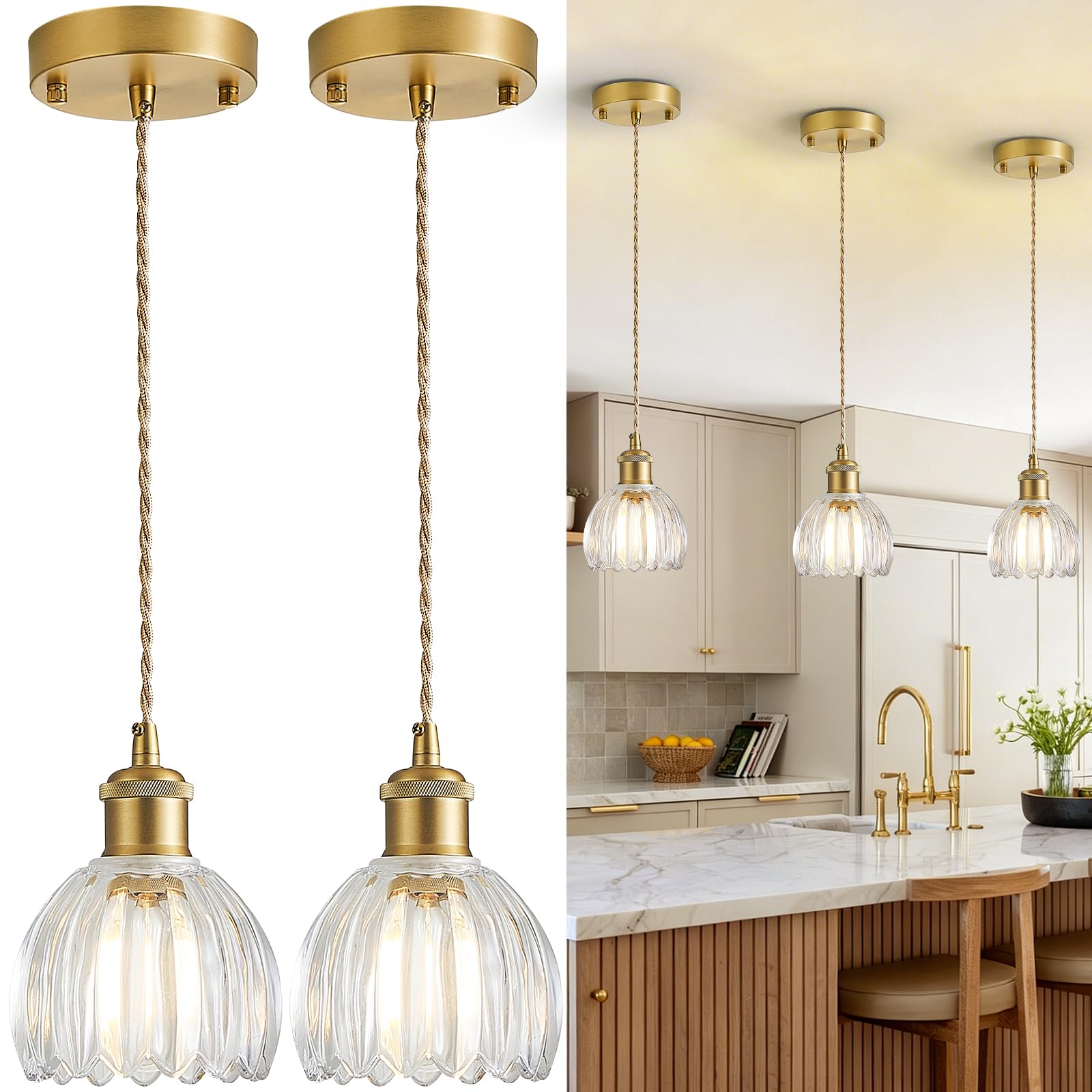 DIKAIDA 2 Pack Pendant Lights Kitchen Island, Adjustable Hanging Lamp with Tulip Glass Lampshade, Vintage Gold Pendant Light Fix