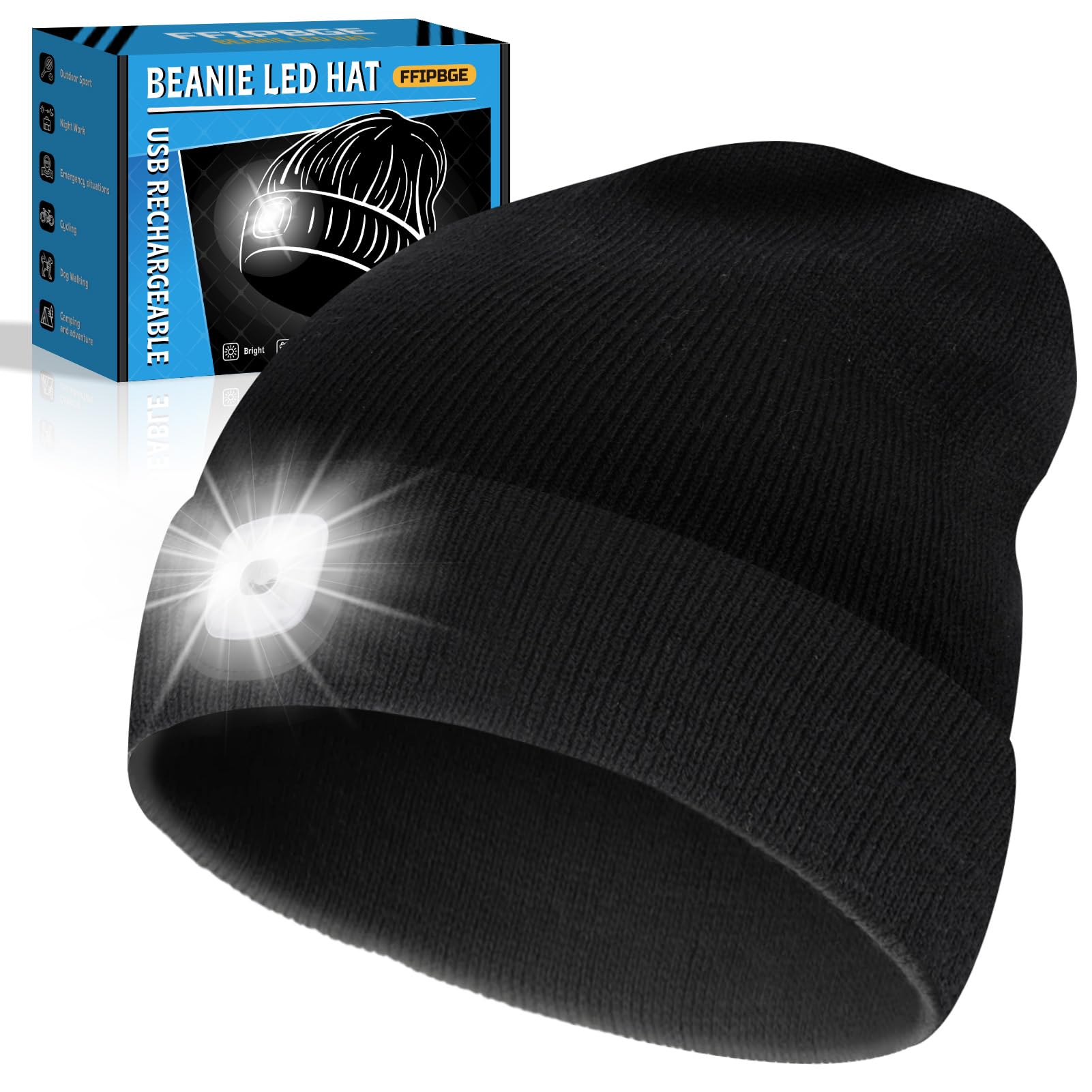 FFIPBGE Beanie Hat with Light, USB Rechargeable LED Headlamp, 1 Pack, Black, Model BHL2413