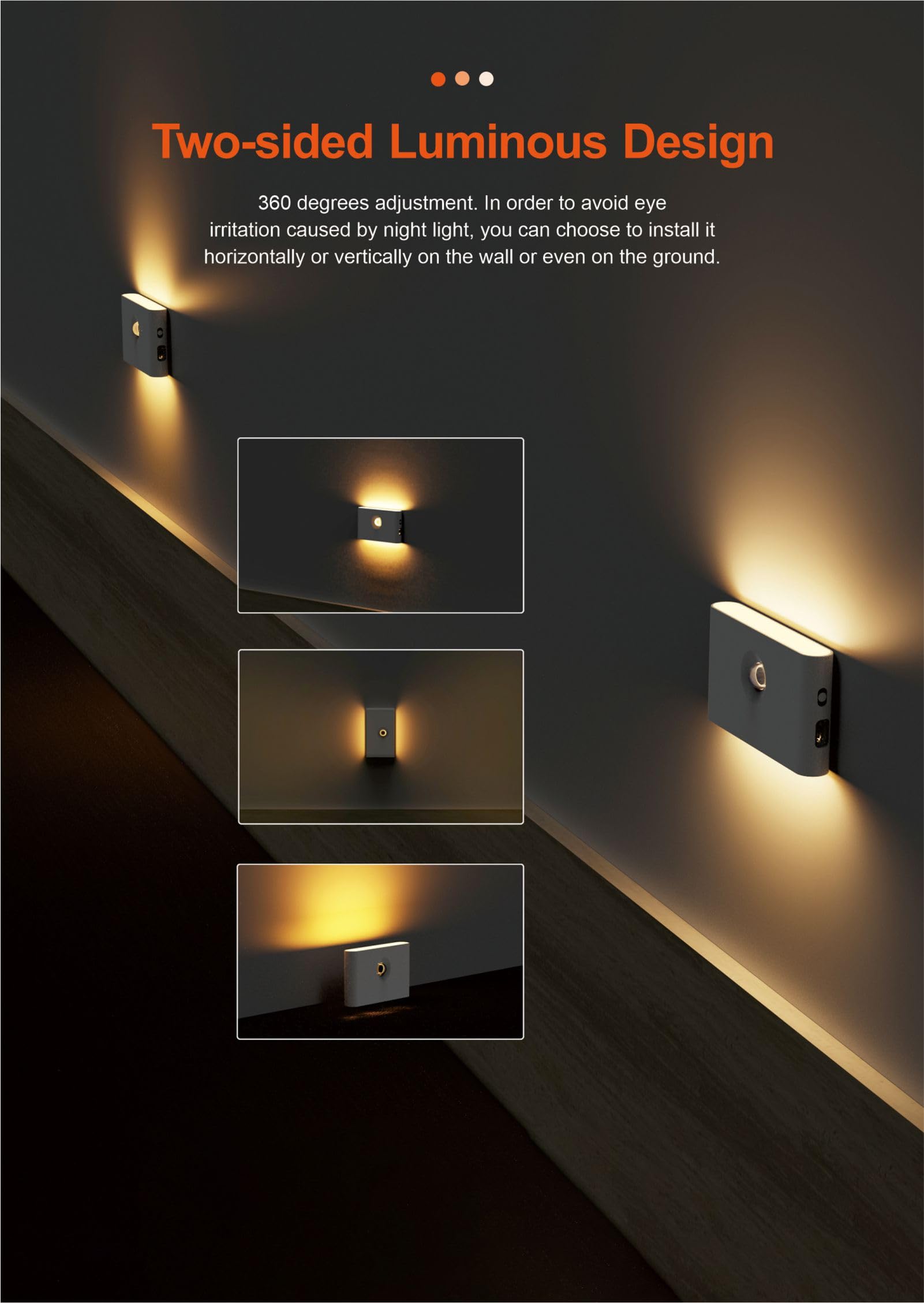 EITJFAP Motion Sensor Night Light with Dusk to Dawn Sensor, Rechargeable, 3000K Warm White Side Illuminated Step Lights for Bedr